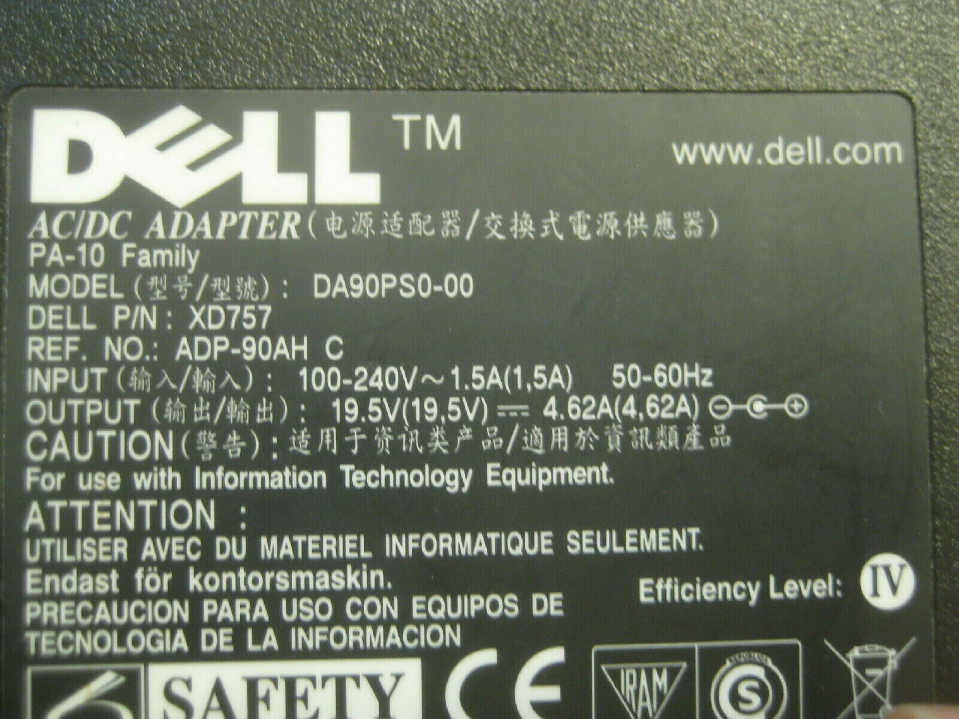 DELL 0XD757 AC ADAPTER 19.5VDC 4.62A WITH OD: 7.35MM ID: 5.15MM DESKTOP STYLE INSIDE POLE POSITIVE PA-10 FAMILY