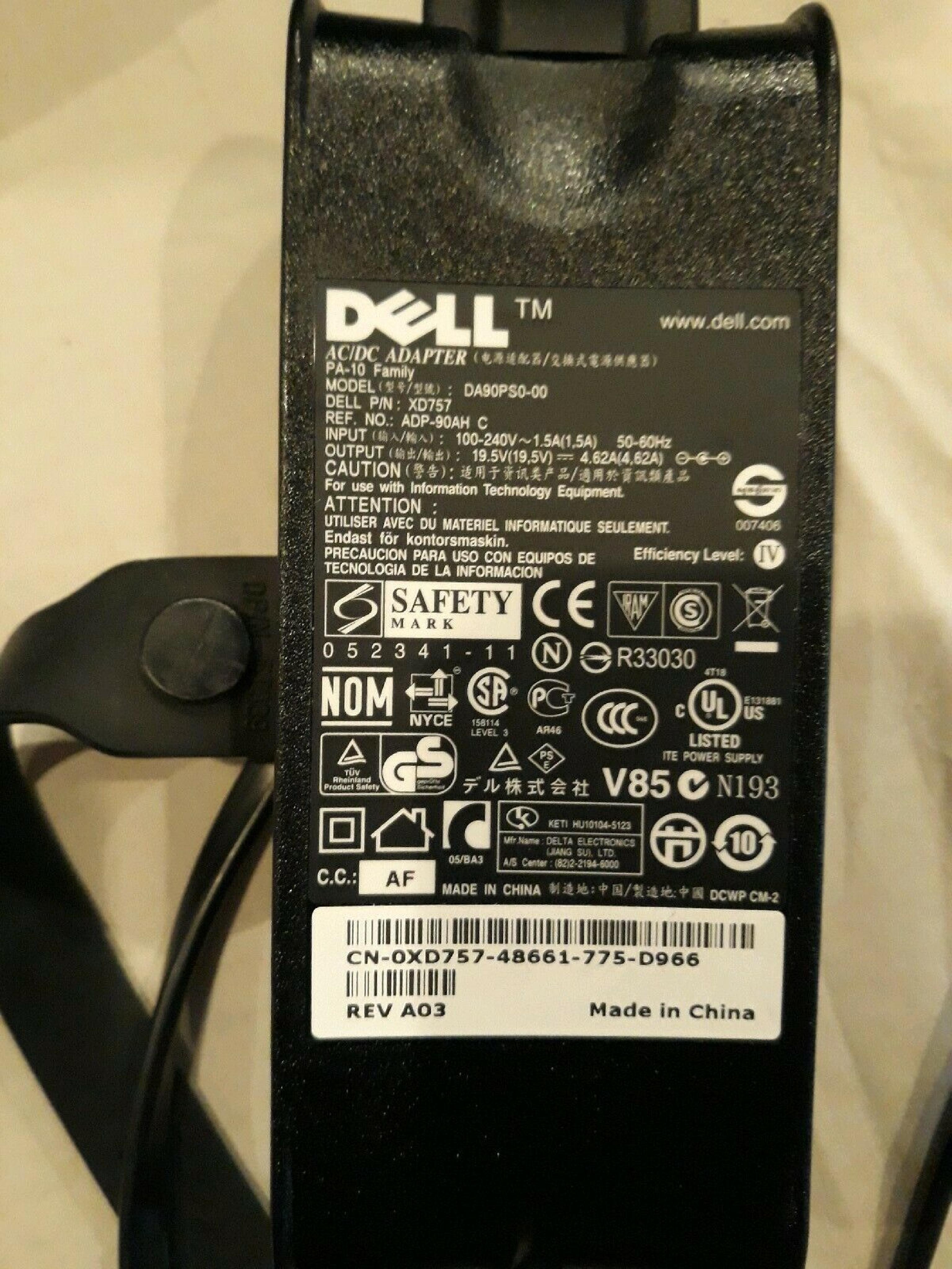 DELL ADP-90AH C AC ADAPTER 19.5VDC 4.62A WITH OD: 7.35MM ID: 5.15MM DESKTOP STYLE INSIDE POLE POSITIVE PA-10 FAMILY