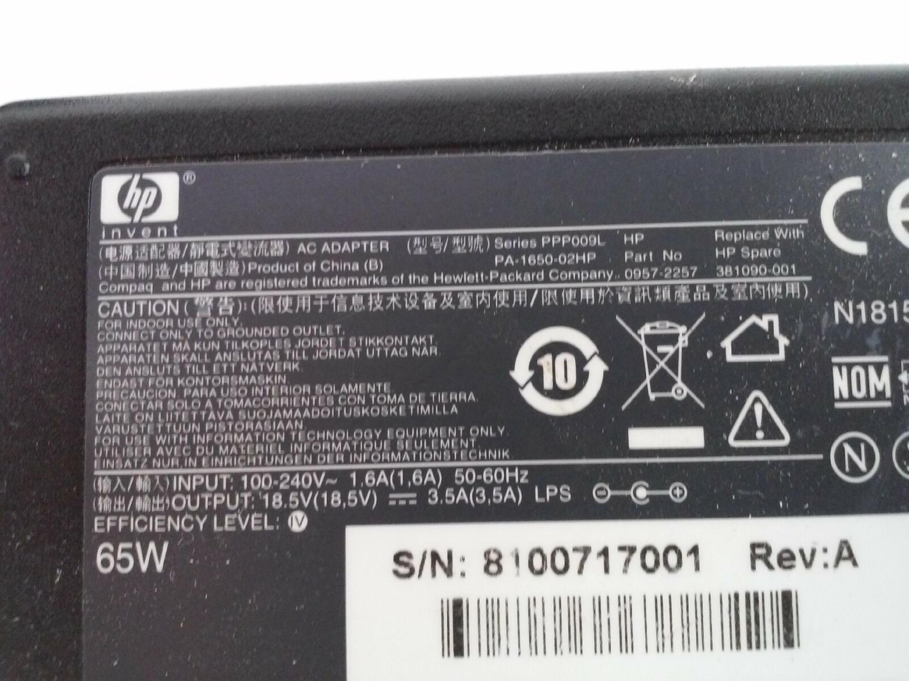 COMPAQ / HEWLETT PACKARD / HP PA-1650-02 AC ADAPTER 18.5VDC 3.16A WITH OD: 4.75MM ID: 1.85MM DESKTOP STYLE INSIDE POLE POSITIVE SERIES PPP008L