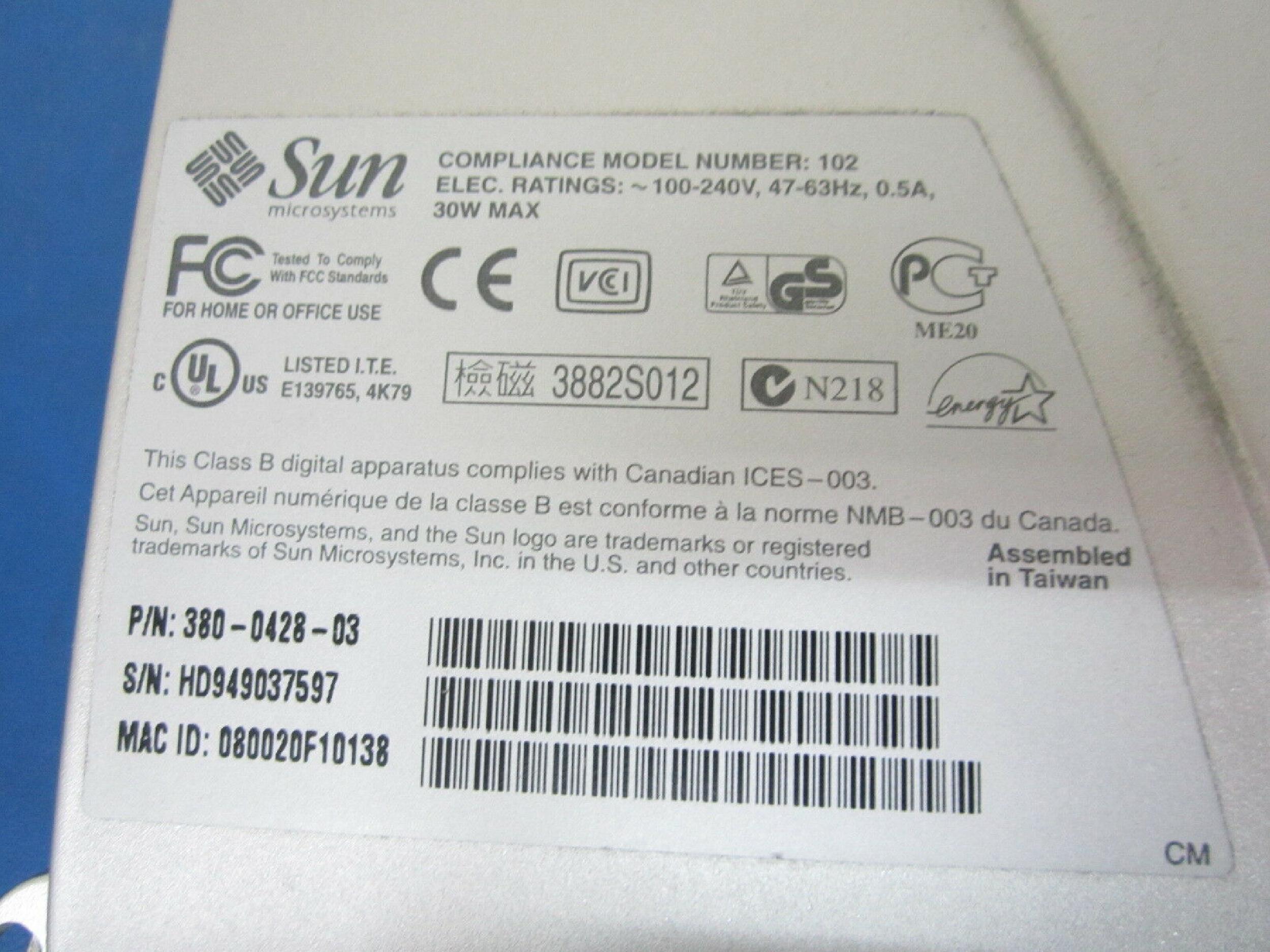 SUN MICROSYSTEMS 380-0428-03 SUNRAY 1 THIN CLIENT NETWORK TERMINAL