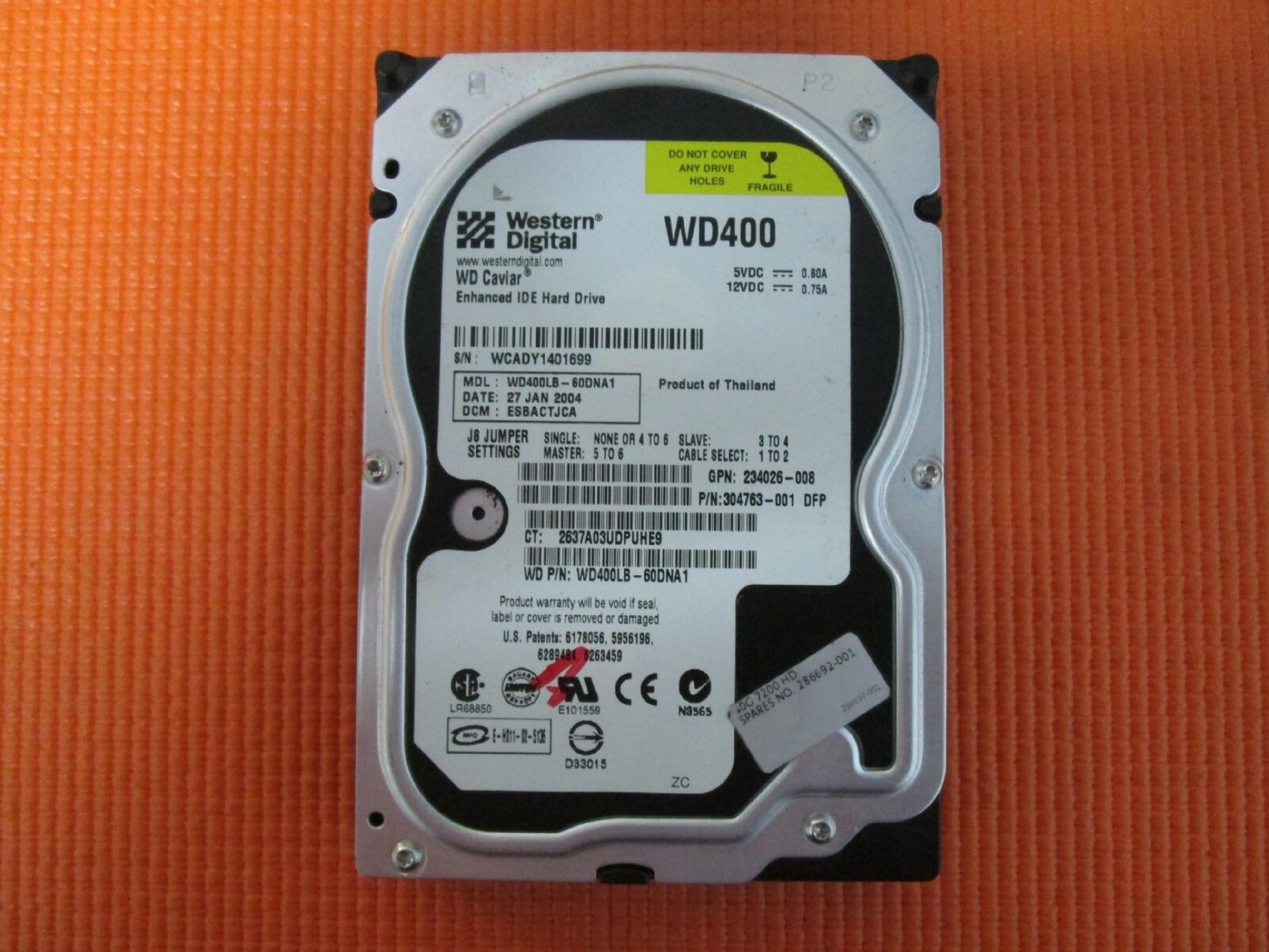 WESTERN DIGITAL / WD WD400 40GB IDE HD LBA 78165360 DATE 29 MAY 2004 DCM HSBHCTJAH BSBHCTJAH 06 MAR HSBHCTJCH 05 SEP DSBHCTJCH 11 AUG 2005 ESBHCTJCH DSBHCTJAH 08 JAN 2006 ESBHCTJAH 18 JUN 09 NOV ESBACTJCA 2001 R DRBHEGHH 78125000 HREHET2AB DSBHEGYH 04 HSBBNV2A 12 JUL 2003 15 DSBHNV2