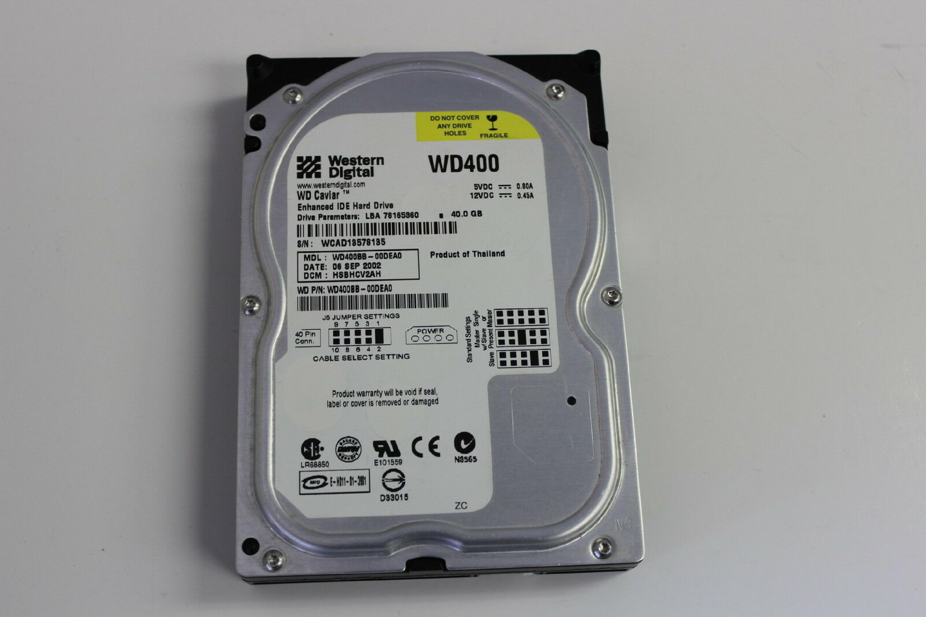 WESTERN DIGITAL / WD WD400 40GB IDE HD LBA 78165360 DATE 29 MAY 2004 DCM HSBHCTJAH BSBHCTJAH 06 MAR HSBHCTJCH 05 SEP DSBHCTJCH 11 AUG 2005 ESBHCTJCH DSBHCTJAH 08 JAN 2006 ESBHCTJAH 18 JUN 09 NOV ESBACTJCA 2001 R DRBHEGHH 78125000 HREHET2AB DSBHEGYH 04 HSBBNV2A 12 JUL 2003 15 DSBHNV2