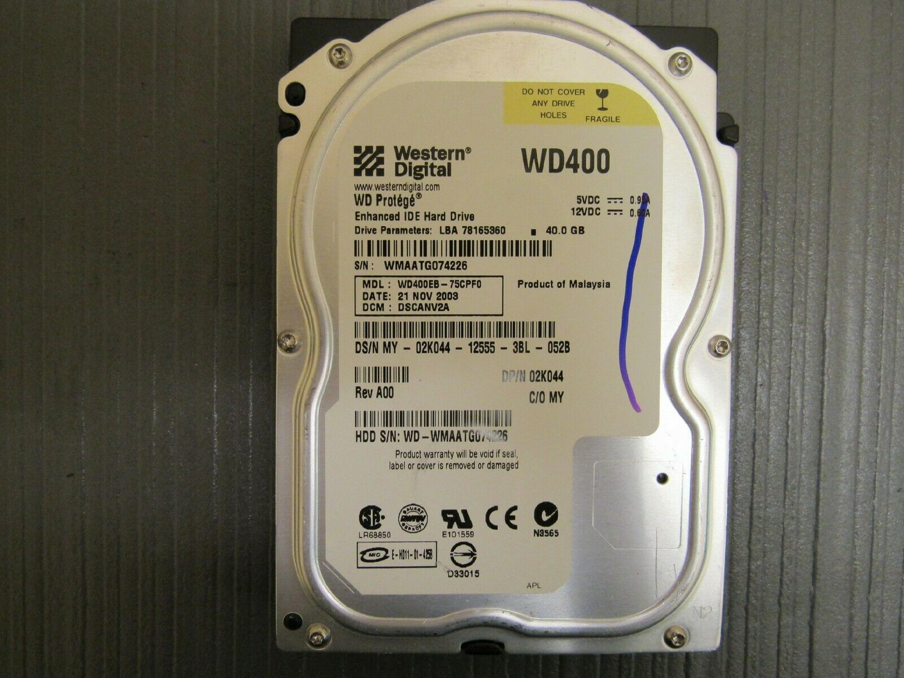 WESTERN DIGITAL / WD WD400 40GB IDE HD LBA 78165360 DATE 29 MAY 2004 DCM HSBHCTJAH BSBHCTJAH 06 MAR HSBHCTJCH 05 SEP DSBHCTJCH 11 AUG 2005 ESBHCTJCH DSBHCTJAH 08 JAN 2006 ESBHCTJAH 18 JUN 09 NOV ESBACTJCA 2001 R DRBHEGHH 78125000 HREHET2AB DSBHEGYH 04 HSBBNV2A 12 JUL 2003 15 DSBHNV2