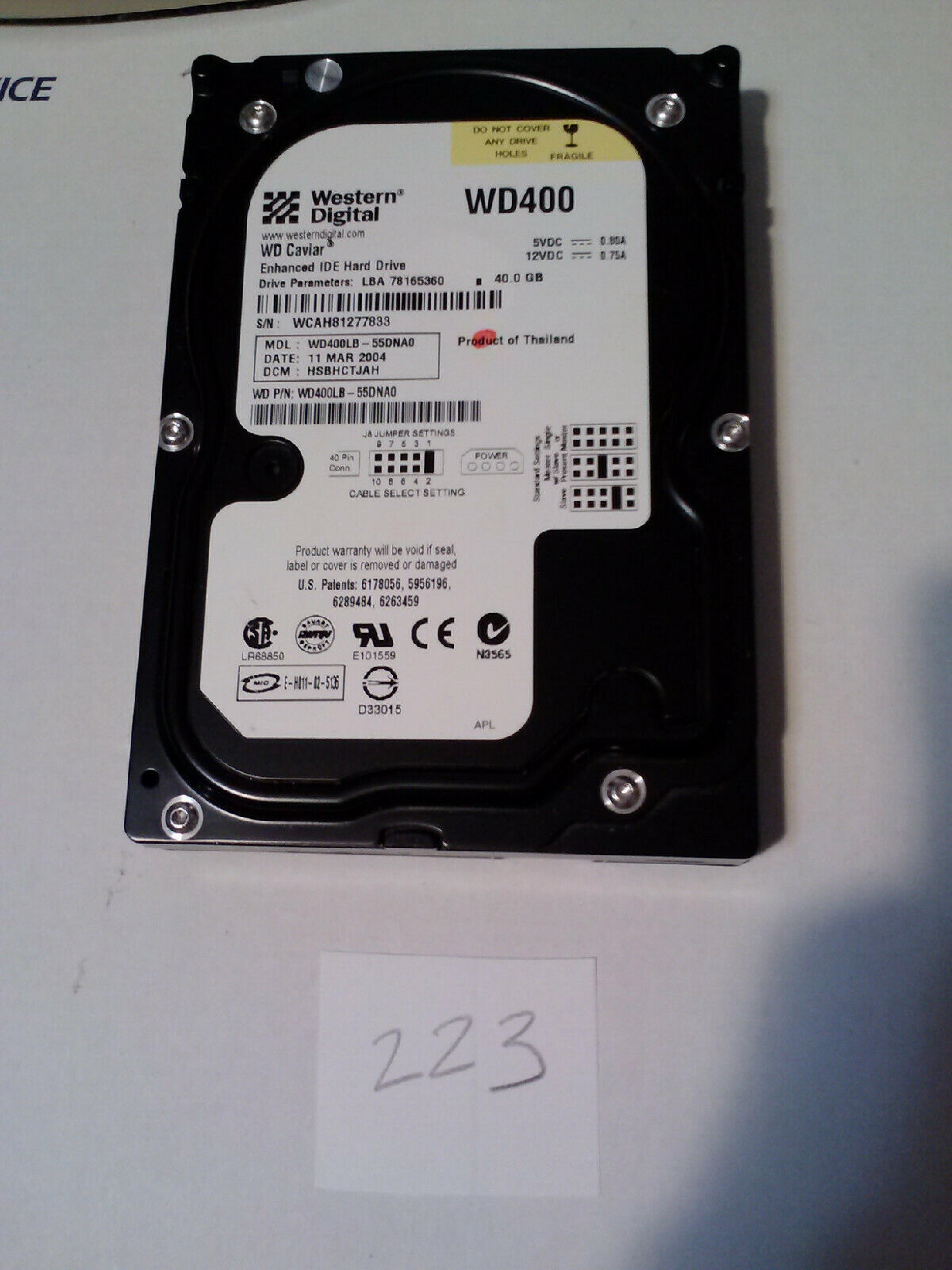 WESTERN DIGITAL / WD WD400 40GB IDE HD LBA 78165360 DATE 29 MAY 2004 DCM HSBHCTJAH BSBHCTJAH 06 MAR HSBHCTJCH 05 SEP DSBHCTJCH 11 AUG 2005 ESBHCTJCH DSBHCTJAH 08 JAN 2006 ESBHCTJAH 18 JUN 09 NOV ESBACTJCA 2001 R DRBHEGHH 78125000 HREHET2AB DSBHEGYH 04 HSBBNV2A 12 JUL 2003 15 DSBHNV2