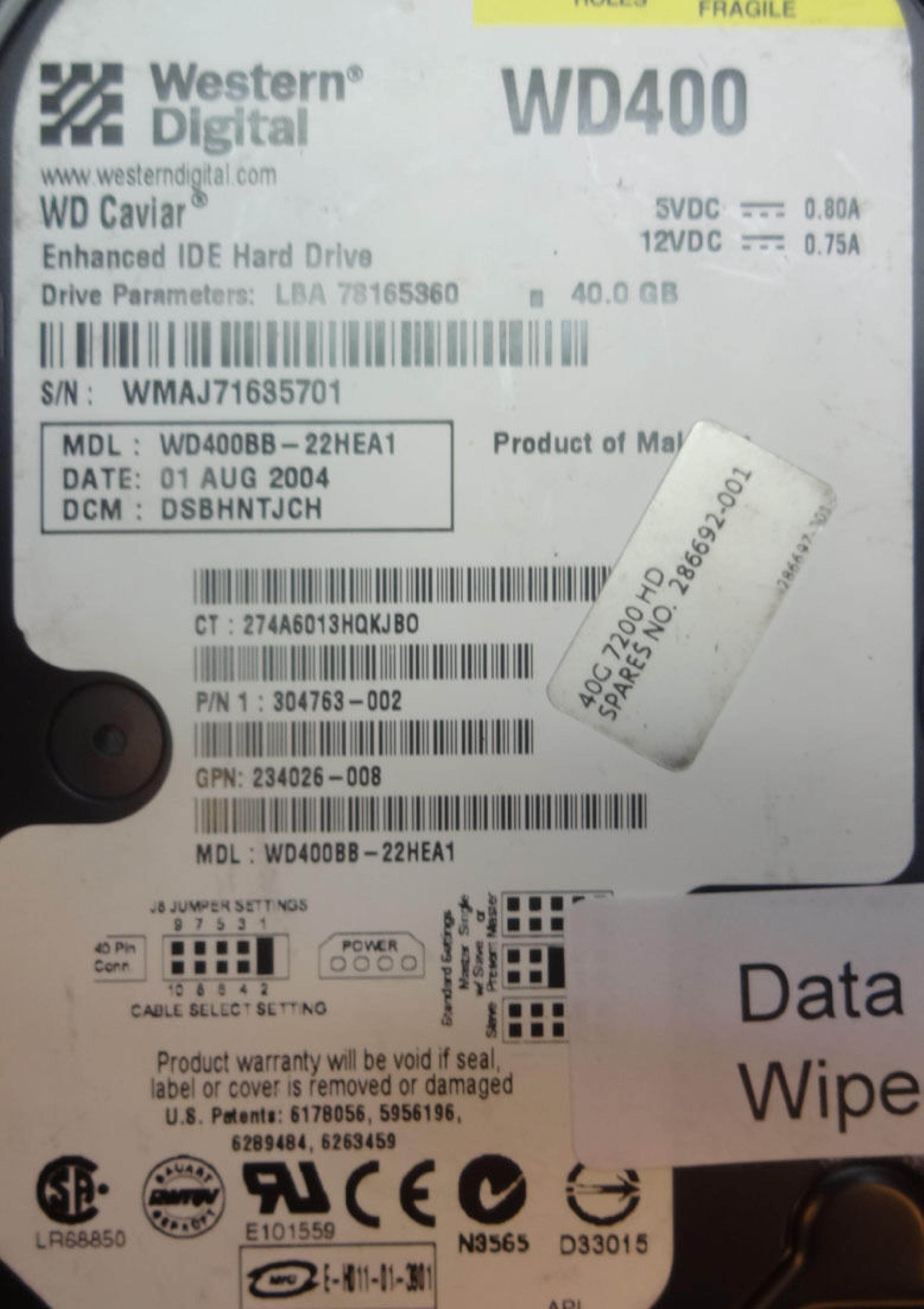 WESTERN DIGITAL / COMPAQ / HEWLETT PACKARD / HP / WD 304763-002 40GB IDE HD LBA 78165360 DATE 29 MAY 2004 DCM HSBHCTJAH BSBHCTJAH 06 MAR HSBHCTJCH DSBHCTJAH 18 11 JUN DSBHCTJCH 17 FSBHCTJAH 05 APR 16 CAVIAR 20 JUL DSBACTJAH 26 HSBACTJAH DSBACTJCH DRIVE