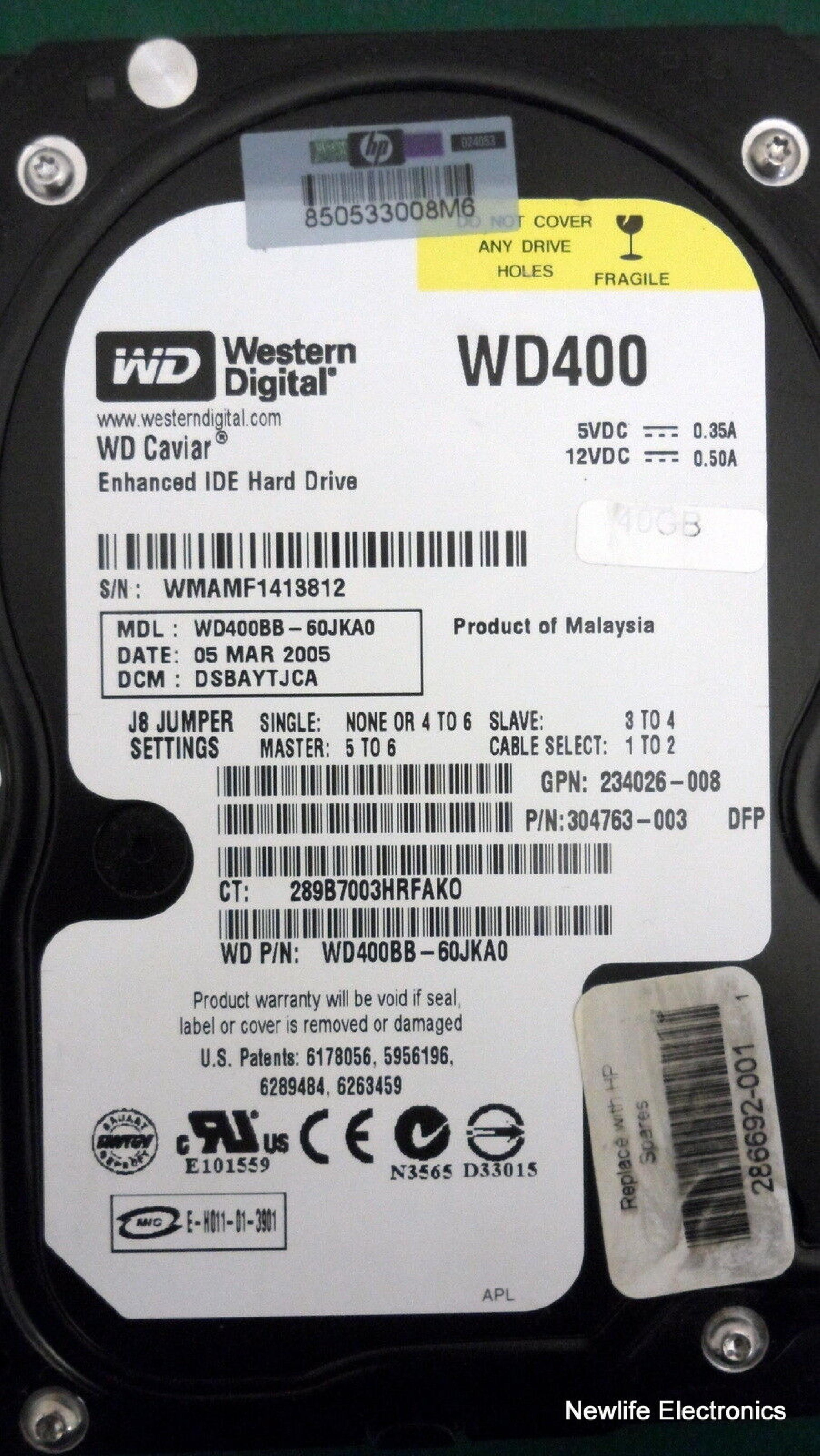 WESTERN DIGITAL / COMPAQ / HEWLETT PACKARD / HP / WD 304763-003 40GB IDE HD DATE 05 SEP 2004 DCM DSBHCTJCH 22 DEC HSBHCTJAH AUG HSBHCTJCH CAVIAR DRIVE 28 DSBACTJCH 03 HSCACTJCA 27 DSBACTJCA 10 23 JUN FSBHCTJCH APR 29 MAY 17 DSBHCTJCA