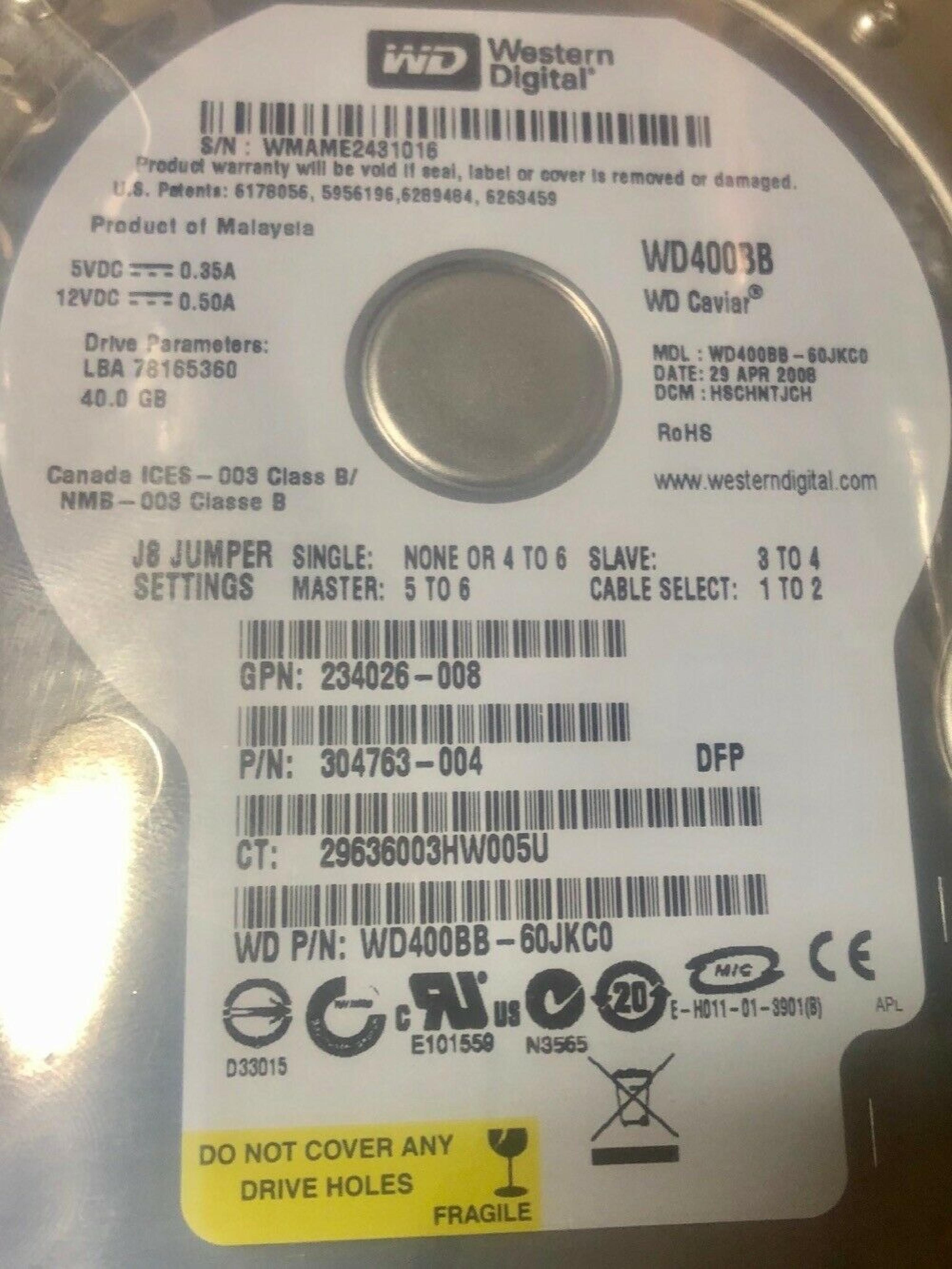 WESTERN DIGITAL / WD WD400BB 40GB IDE HD LBA 78165360 DATE 06 MAY 2006 DCM HSCHCTJAA 78156288 OCT 2007 HSCHNTJCH 07 AUG DSBHNTJAHN 11 DEC HSBHNTJEAN 20 JUL ESCANTJCA 10 MAR HSBHCTJCH REV A00 CAVIAR JUN DSBHCTJEH 25 HSCHNTJAH