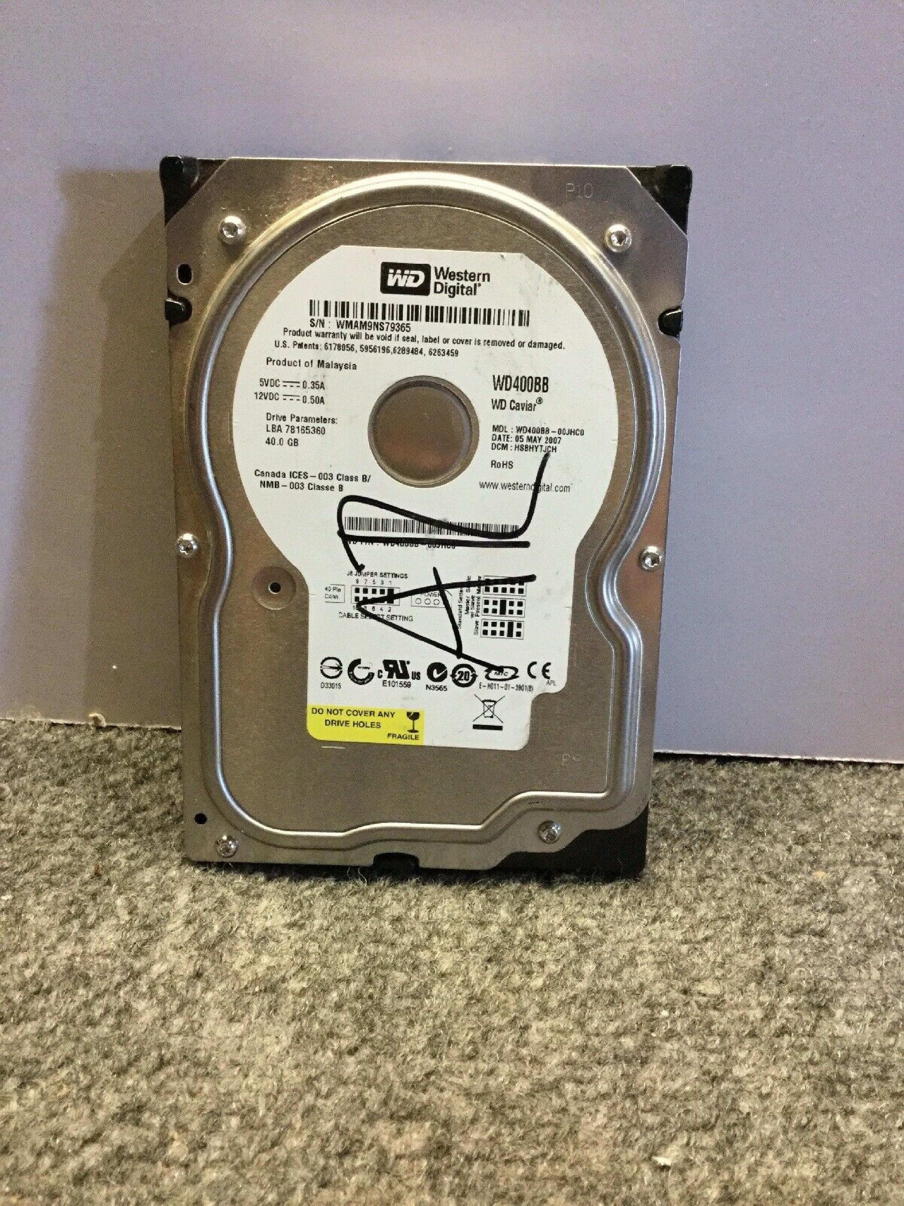 WESTERN DIGITAL / WD WD400BB 40GB IDE HD LBA 78165360 DATE 06 MAY 2006 DCM HSCHCTJAA 78156288 OCT 2007 HSCHNTJCH 07 AUG DSBHNTJAHN 11 DEC HSBHNTJEAN 20 JUL ESCANTJCA 10 MAR HSBHCTJCH REV A00 CAVIAR JUN DSBHCTJEH 25 HSCHNTJAH