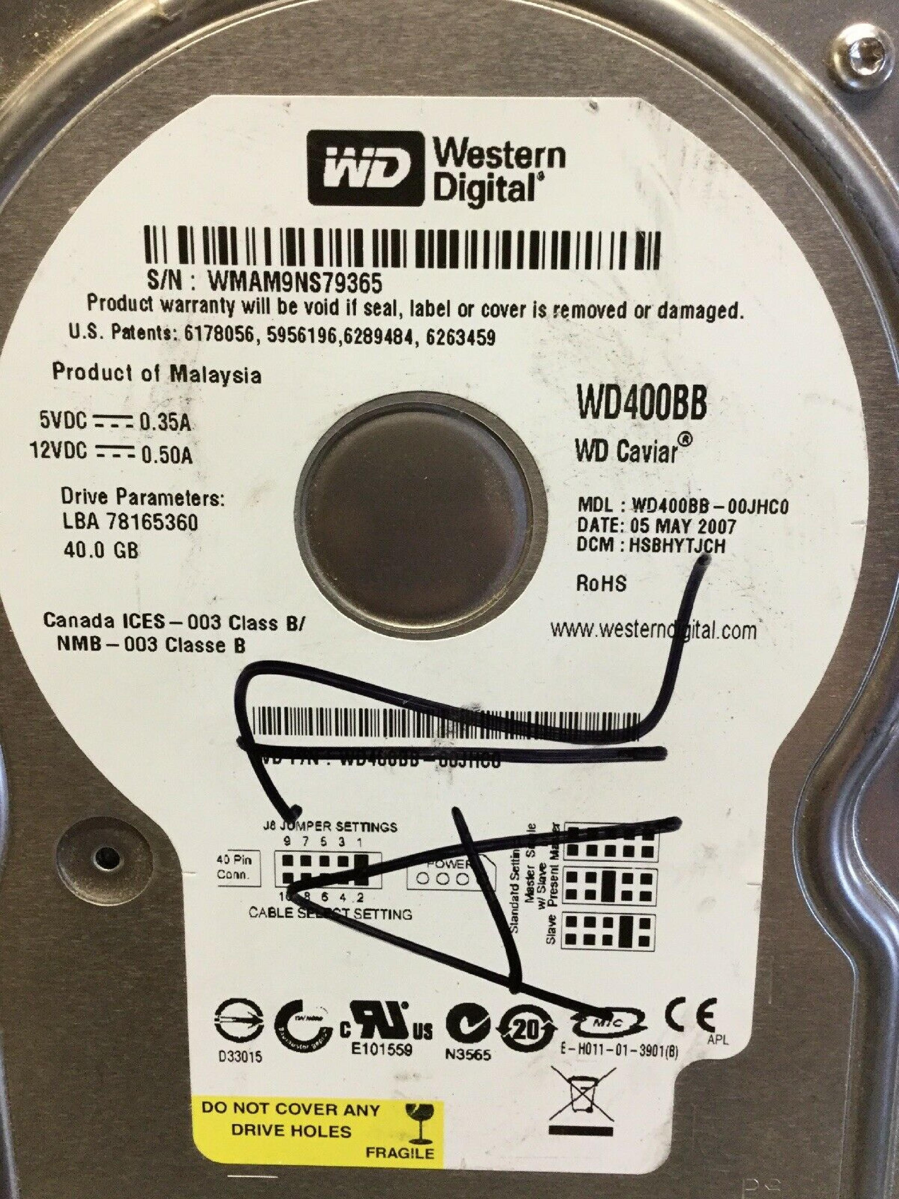 WESTERN DIGITAL / WD WD400BB 40GB IDE HD LBA 78165360 DATE 06 MAY 2006 DCM HSCHCTJAA 78156288 OCT 2007 HSCHNTJCH 07 AUG DSBHNTJAHN 11 DEC HSBHNTJEAN 20 JUL ESCANTJCA 10 MAR HSBHCTJCH REV A00 CAVIAR JUN DSBHCTJEH 25 HSCHNTJAH