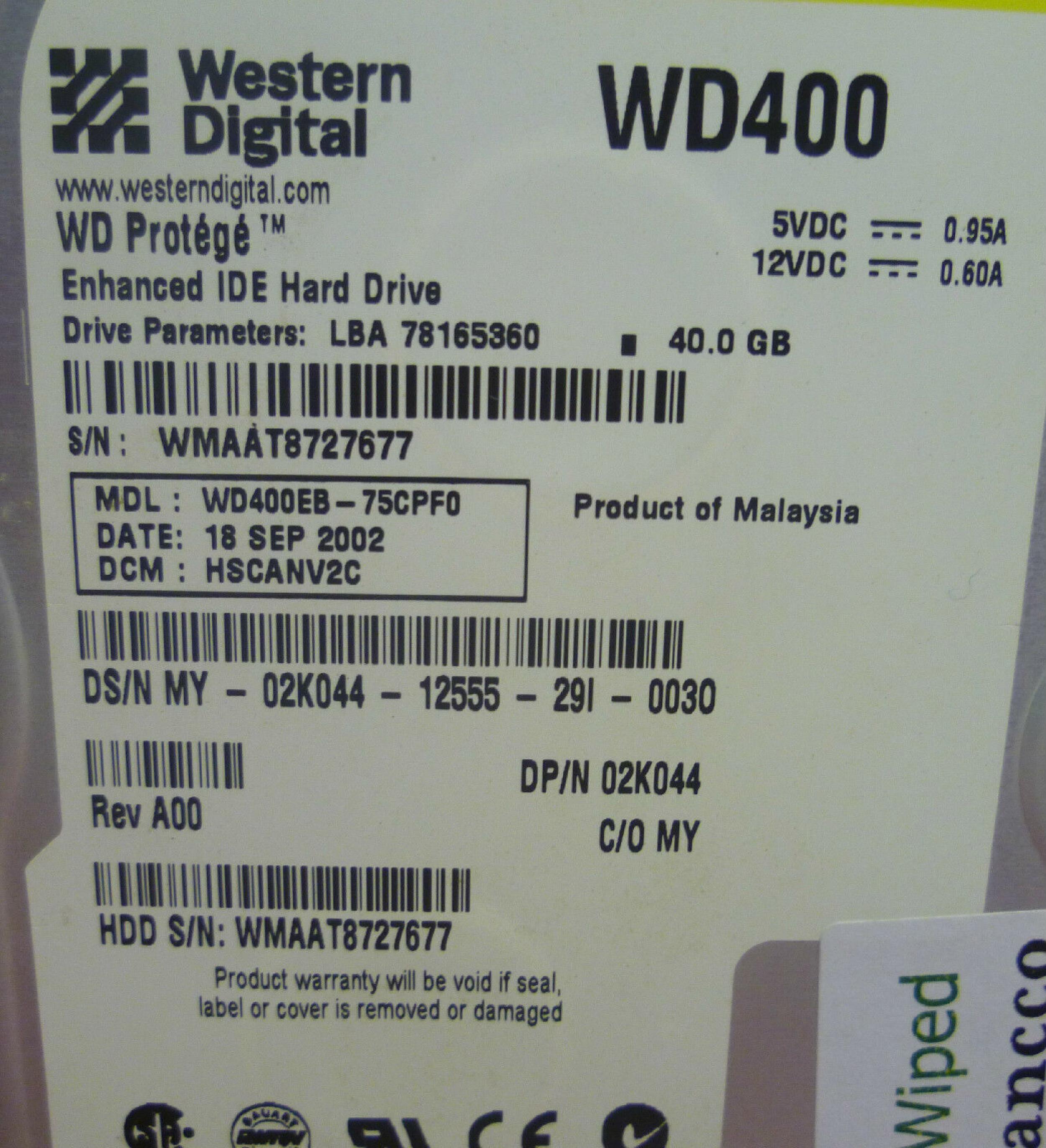 WESTERN DIGITAL / WD 2K044 40GB IDE HD LBA 78165360 DATE 04 JAN 2004 DCM HSBBNV2A 12 JUL 2003 08 MAY HSCBNV2C REV A