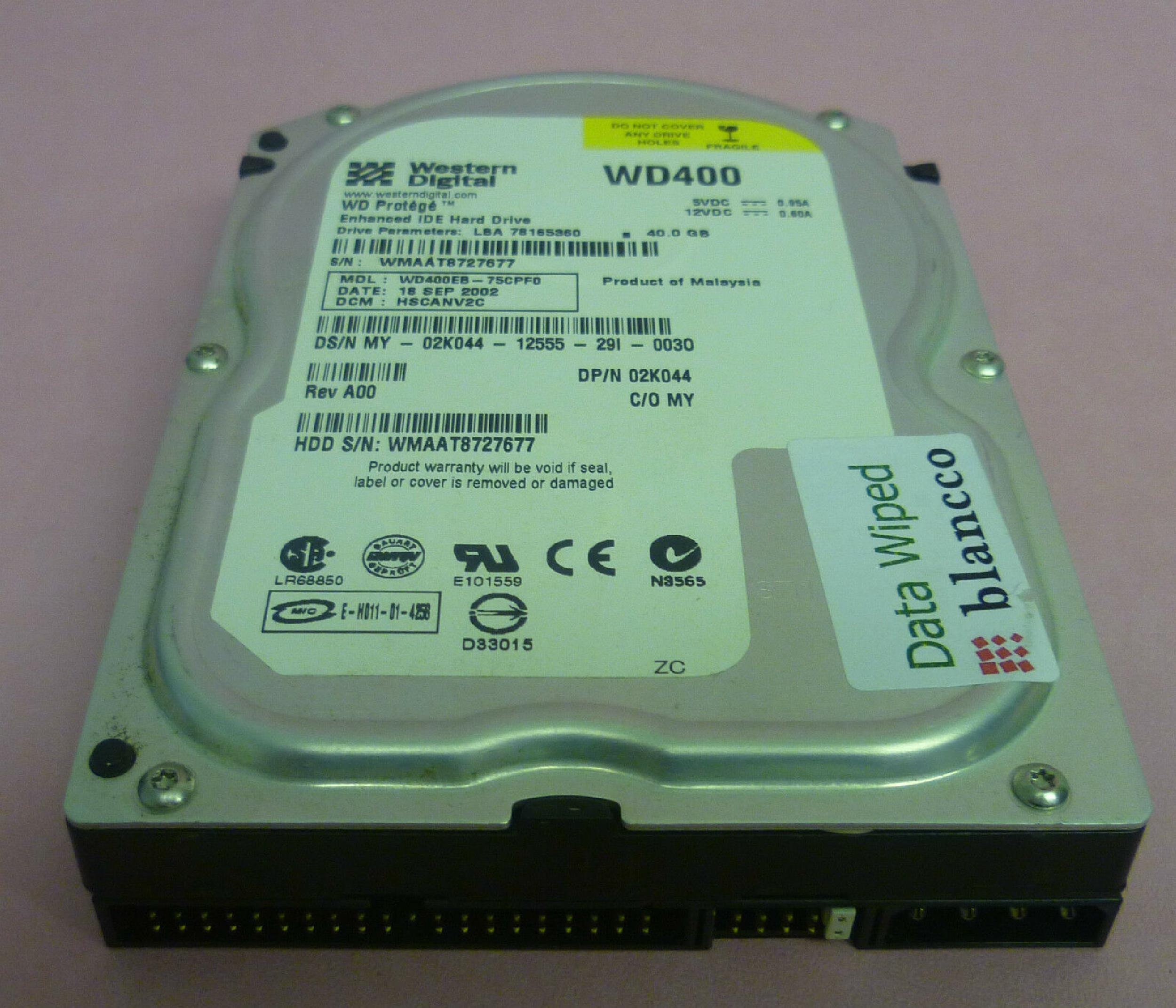 WESTERN DIGITAL / WD 2K044 40GB IDE HD LBA 78165360 DATE 04 JAN 2004 DCM HSBBNV2A 12 JUL 2003 08 MAY HSCBNV2C REV A
