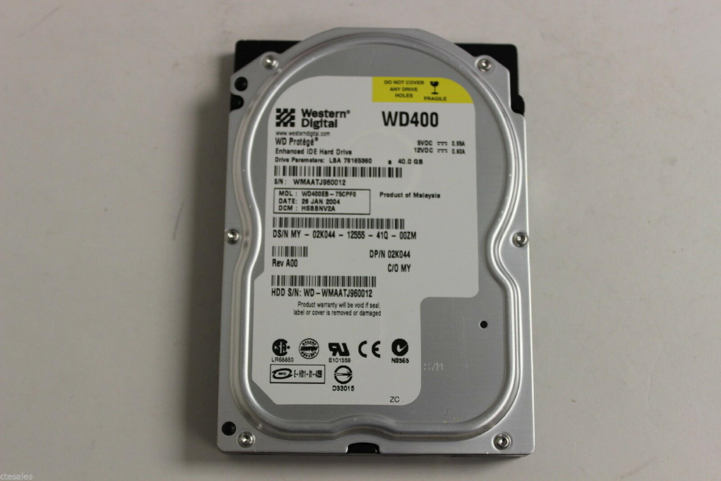 WESTERN DIGITAL / WD 2K044 40GB IDE HD LBA 78165360 DATE 04 JAN 2004 DCM HSBBNV2A 12 JUL 2003 08 MAY HSCBNV2C REV A