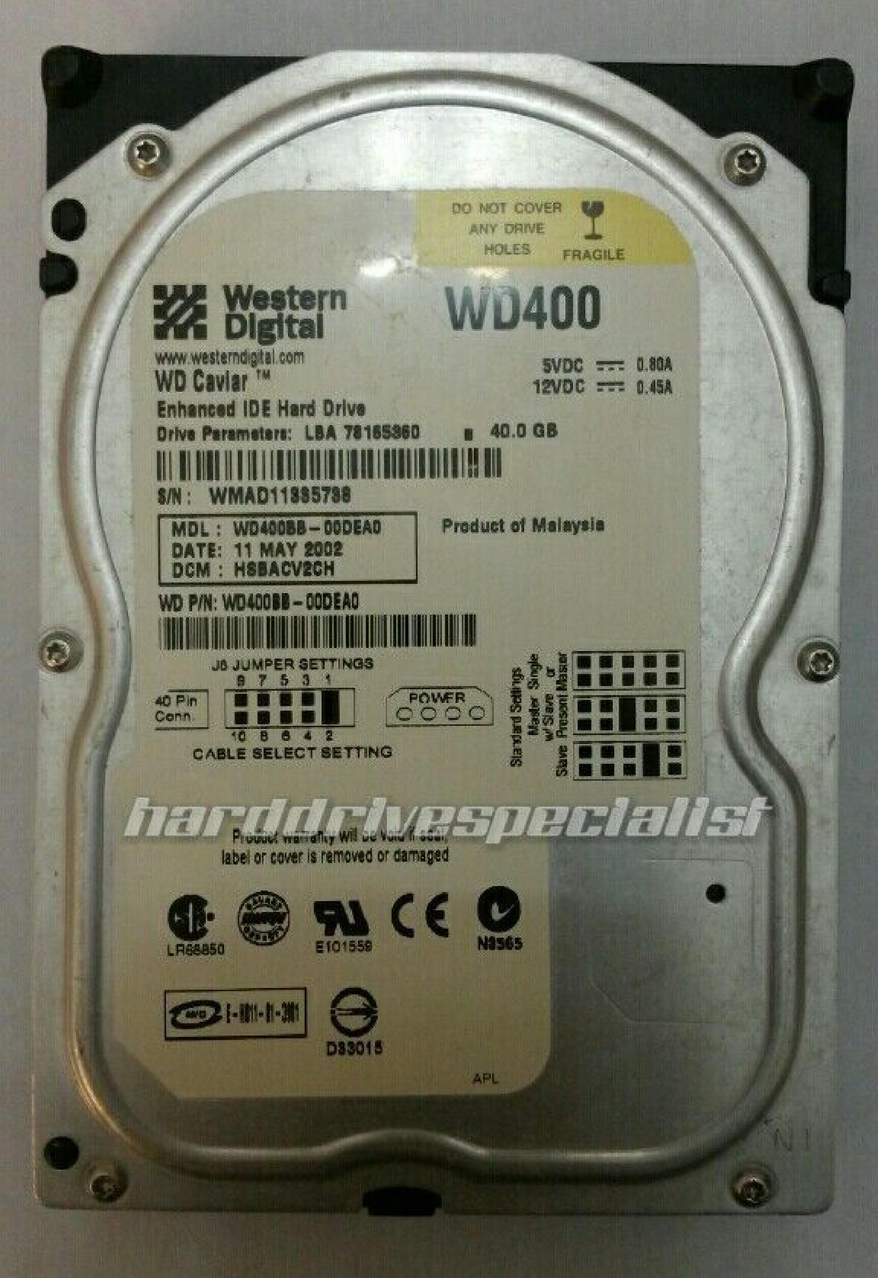 WESTERN DIGITAL / WD WD400BB-00DEA0 40GB IDE HD LBA 78165360 DATE 15 SEP 2003 DCM DSBHNV2CA