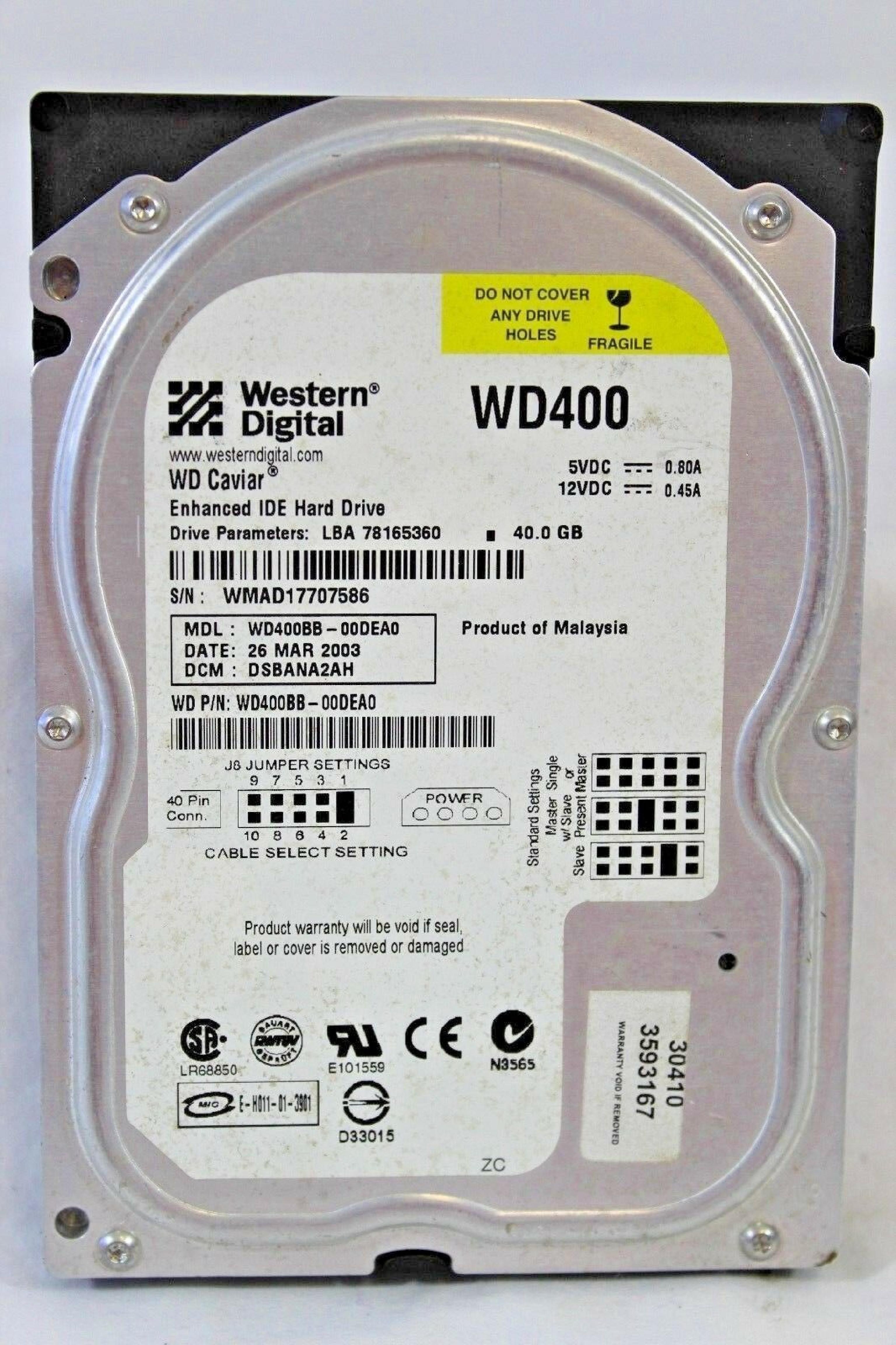 WESTERN DIGITAL / WD WD400BB-00DEA0 40GB IDE HD LBA 78165360 DATE 15 SEP 2003 DCM DSBHNV2CA