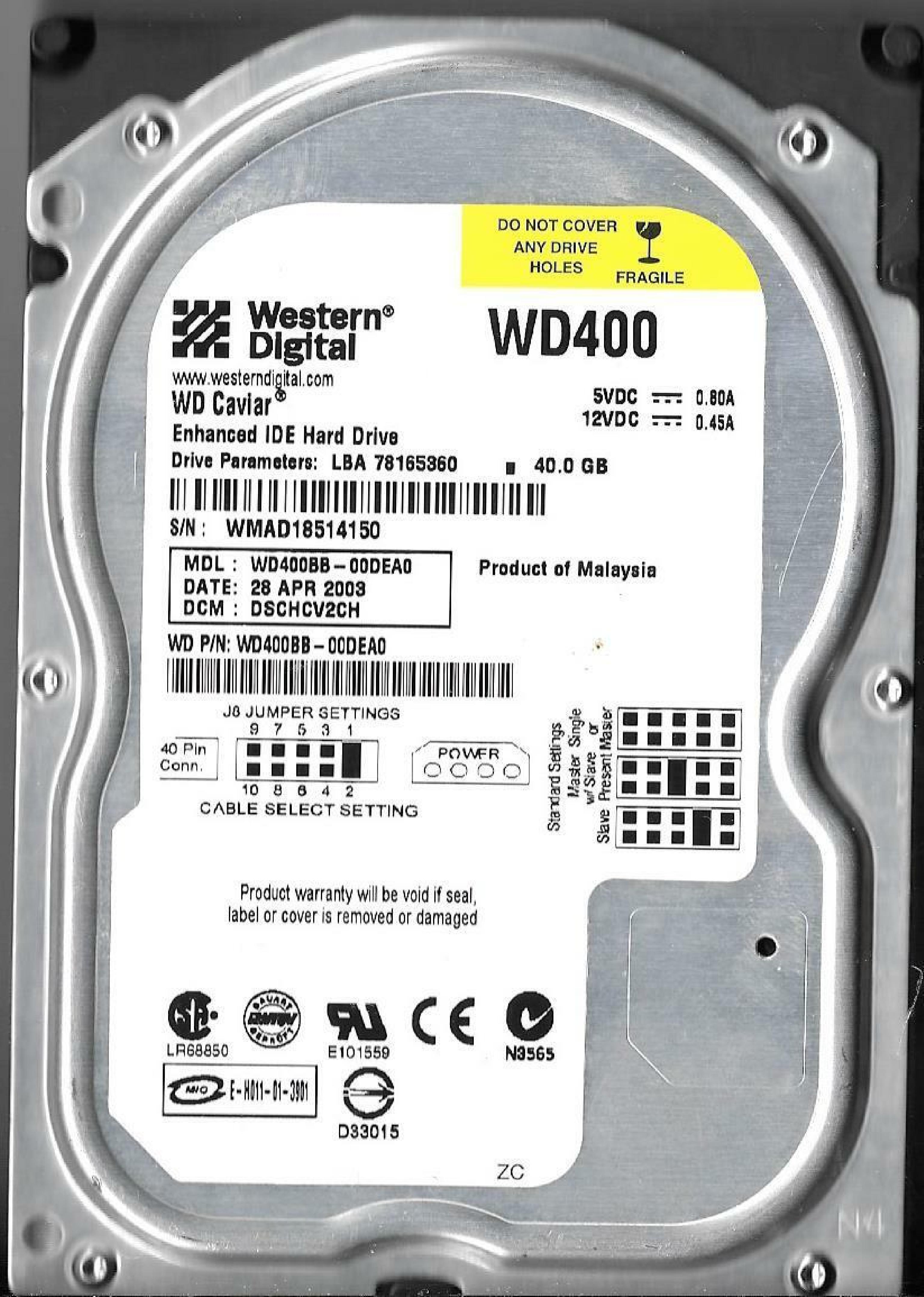 WESTERN DIGITAL / WD WD400BB-00DEA0 40GB IDE HD LBA 78165360 DATE 15 SEP 2003 DCM DSBHNV2CA