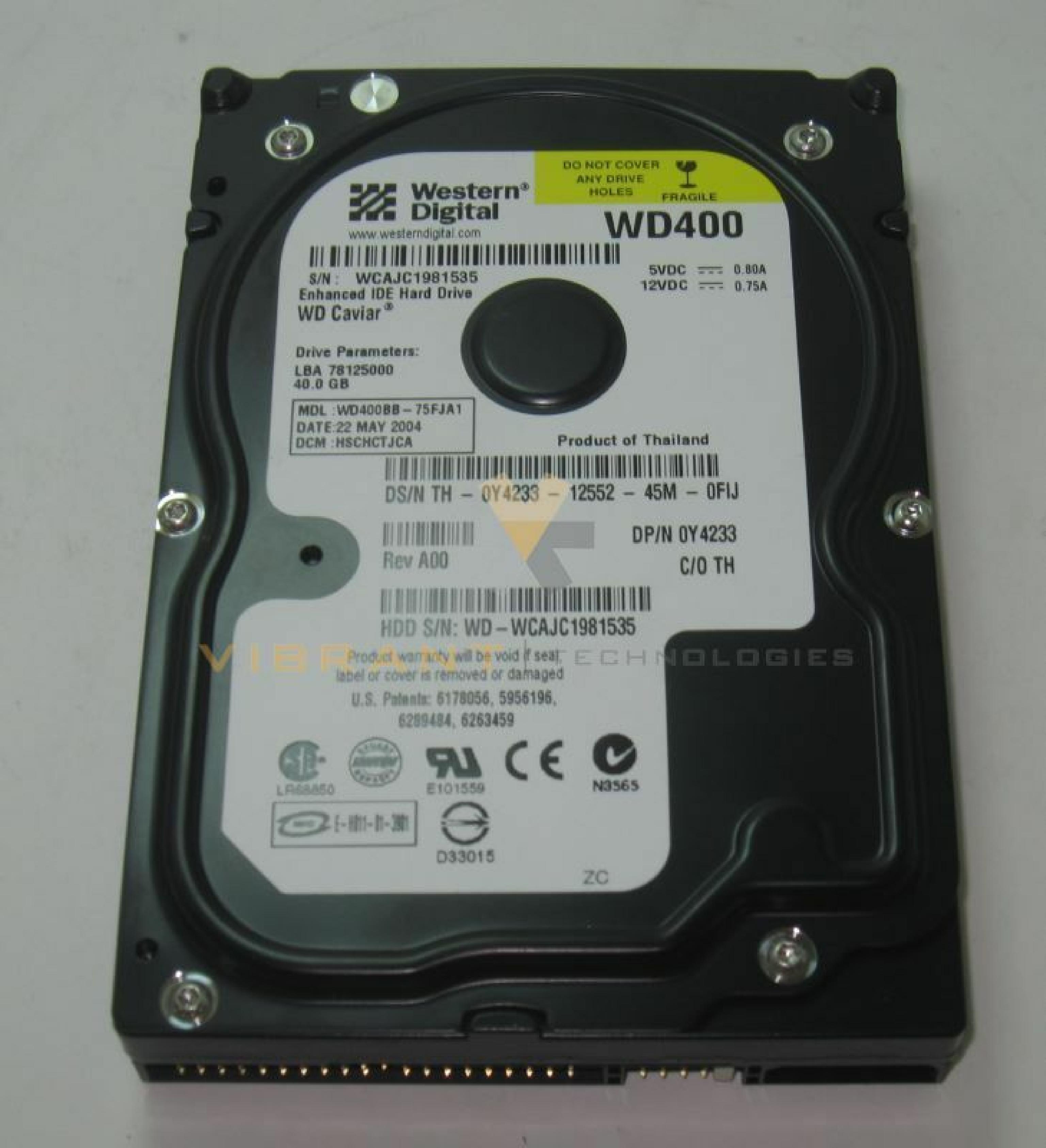 WESTERN DIGITAL / DELL / WD 0Y4233 40GB IDE HD LBA 78125000 DATE 12 APR 2004 DCM HSCHCVJCH HSBHCTJCH REV A00 08 JUL DSCACTJCA CAVIAR 07 HSCHCTJCH HSBACTJCH 17 OCT HSBACTJCA 3.5INCH HARD DRIVE 40.0 GB