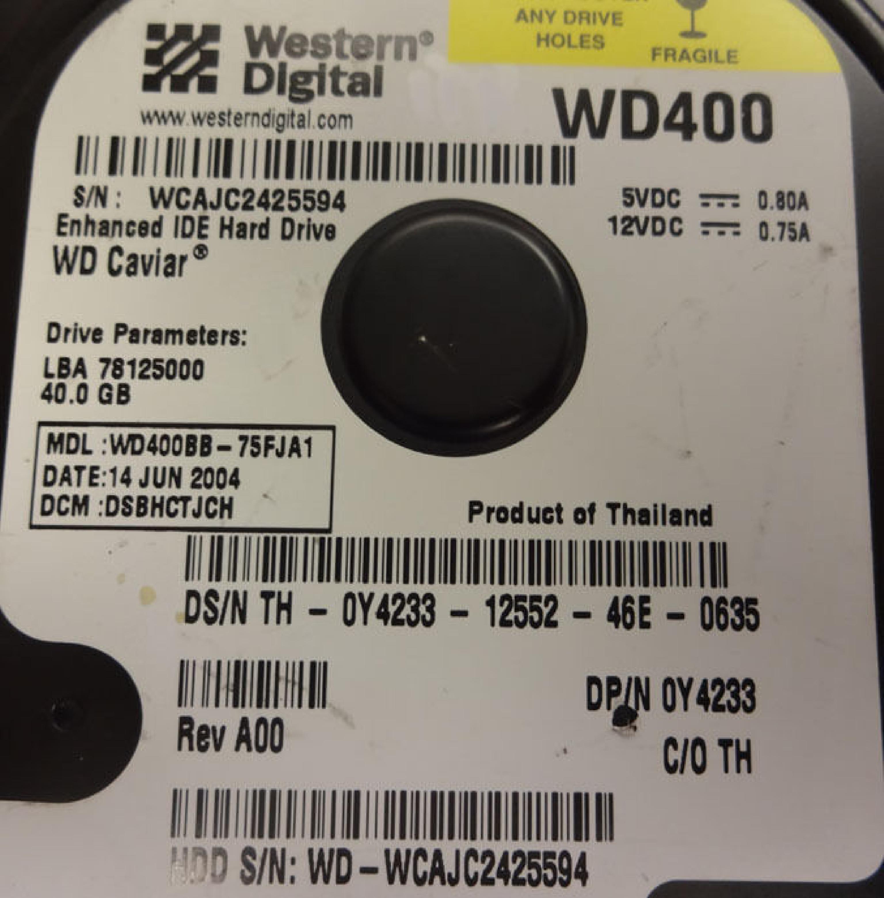 WESTERN DIGITAL / DELL / WD 0Y4233 40GB IDE HD LBA 78125000 DATE 12 APR 2004 DCM HSCHCVJCH HSBHCTJCH REV A00 08 JUL DSCACTJCA CAVIAR 07 HSCHCTJCH HSBACTJCH 17 OCT HSBACTJCA 3.5INCH HARD DRIVE 40.0 GB