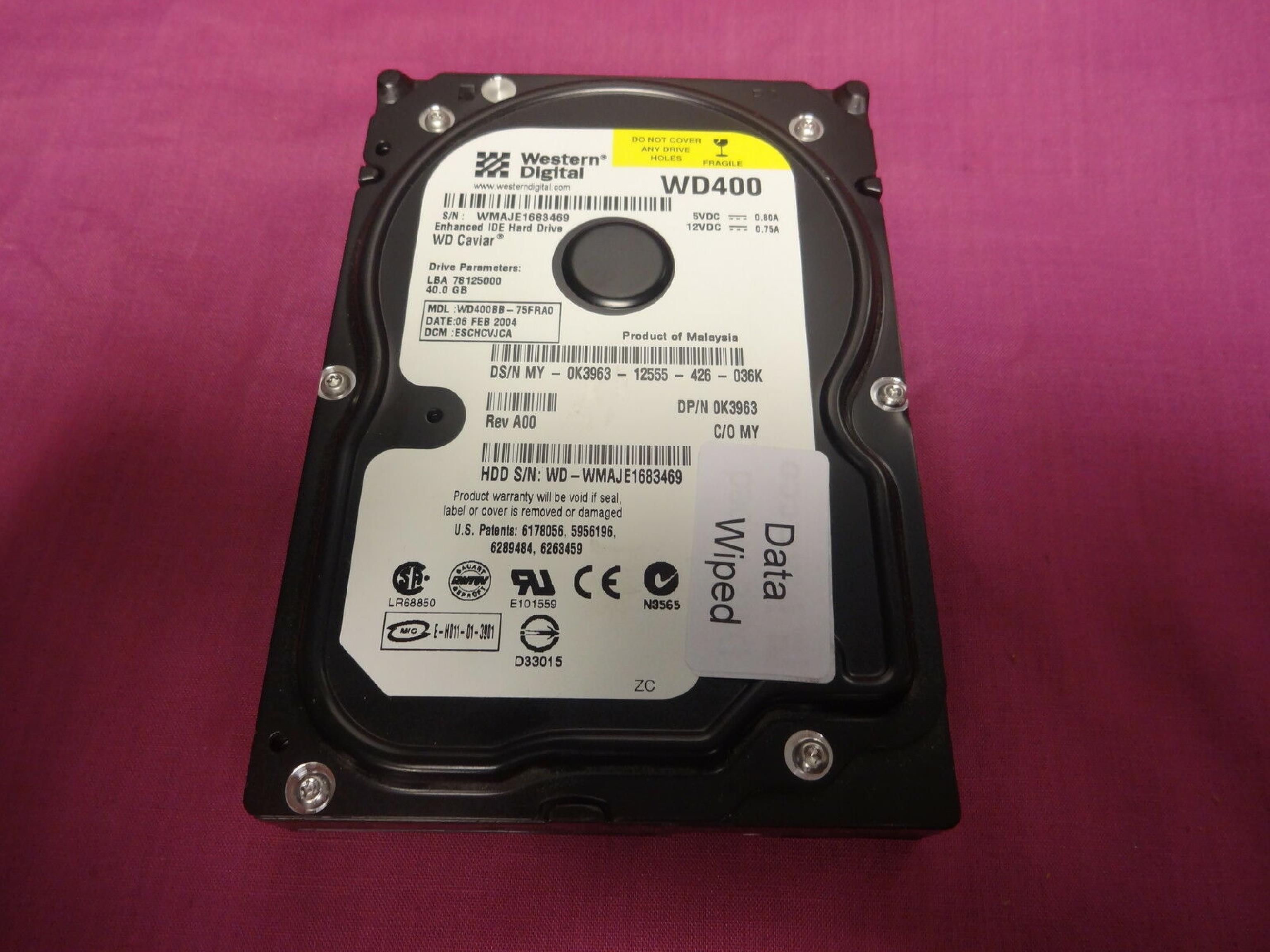 WESTERN DIGITAL / WD 0K3963 40GB IDE HD LBA 78125000 DATE 23 FEB 2004 DCM ESBHCTJAH