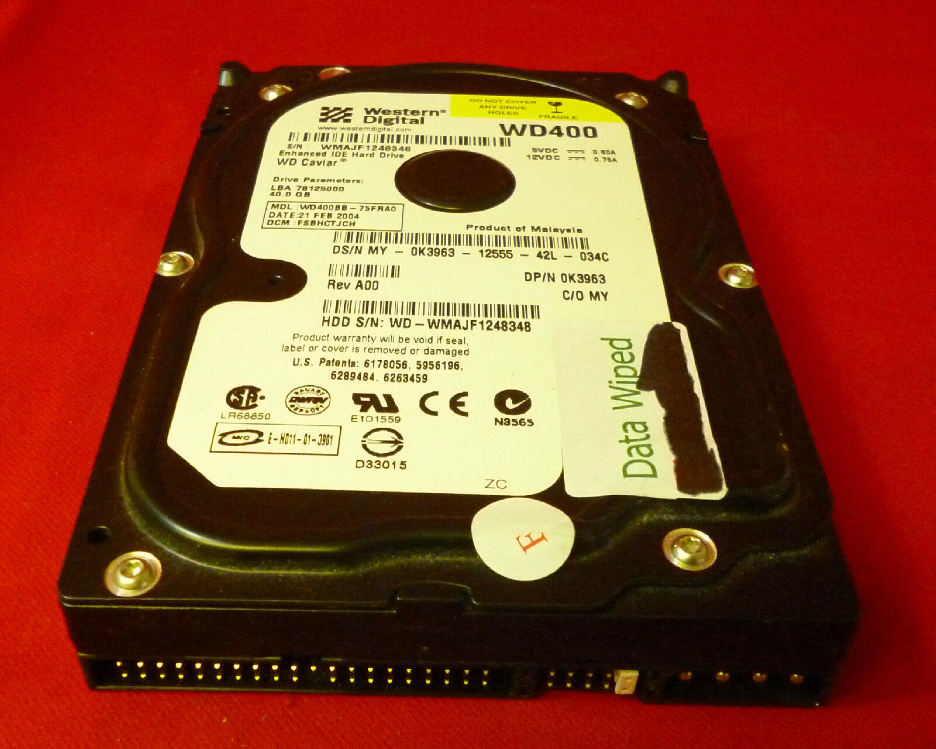 WESTERN DIGITAL / WD 0K3963 40GB IDE HD LBA 78125000 DATE 23 FEB 2004 DCM ESBHCTJAH