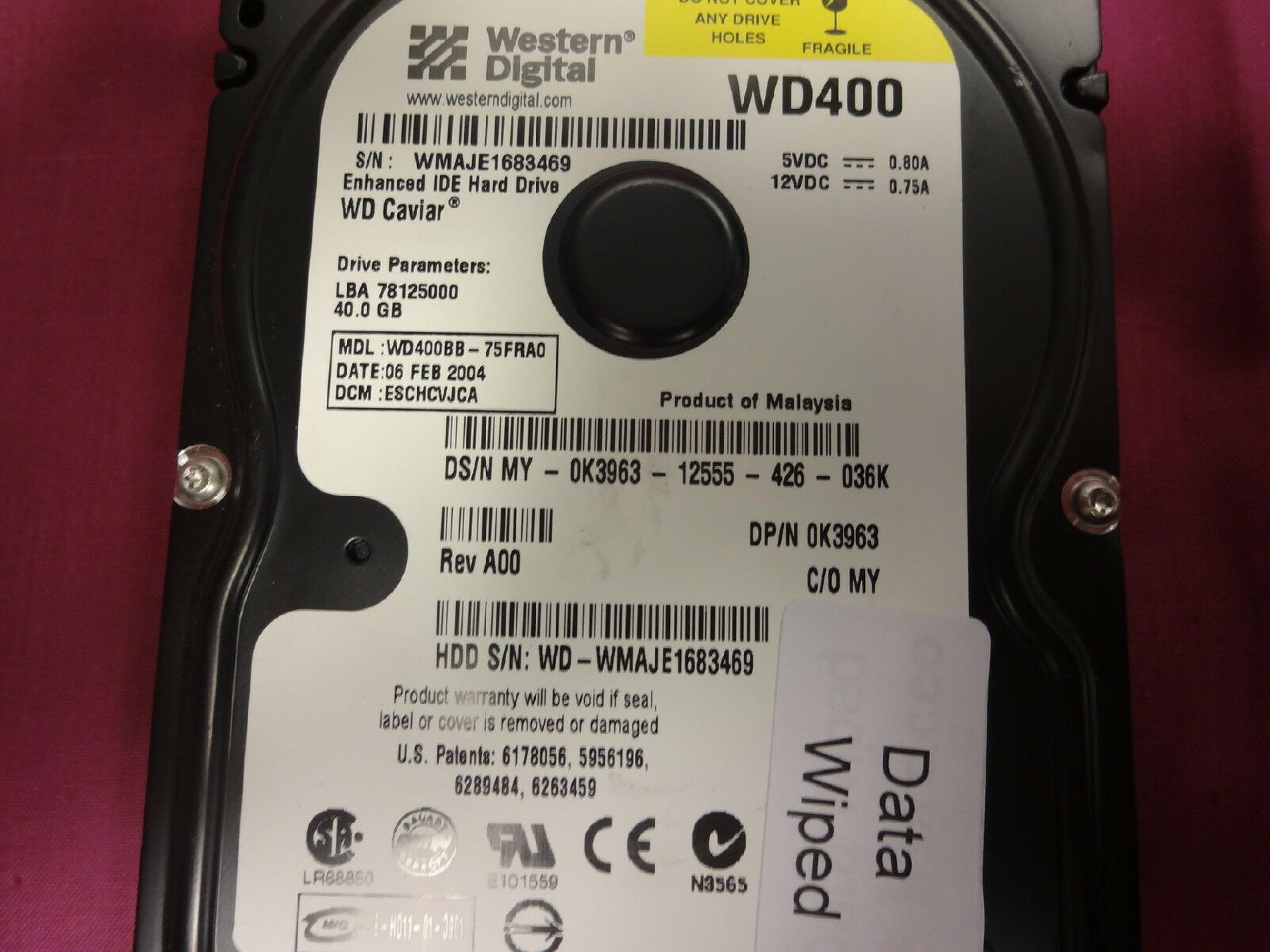 WESTERN DIGITAL / WD 0K3963 40GB IDE HD LBA 78125000 DATE 23 FEB 2004 DCM ESBHCTJAH