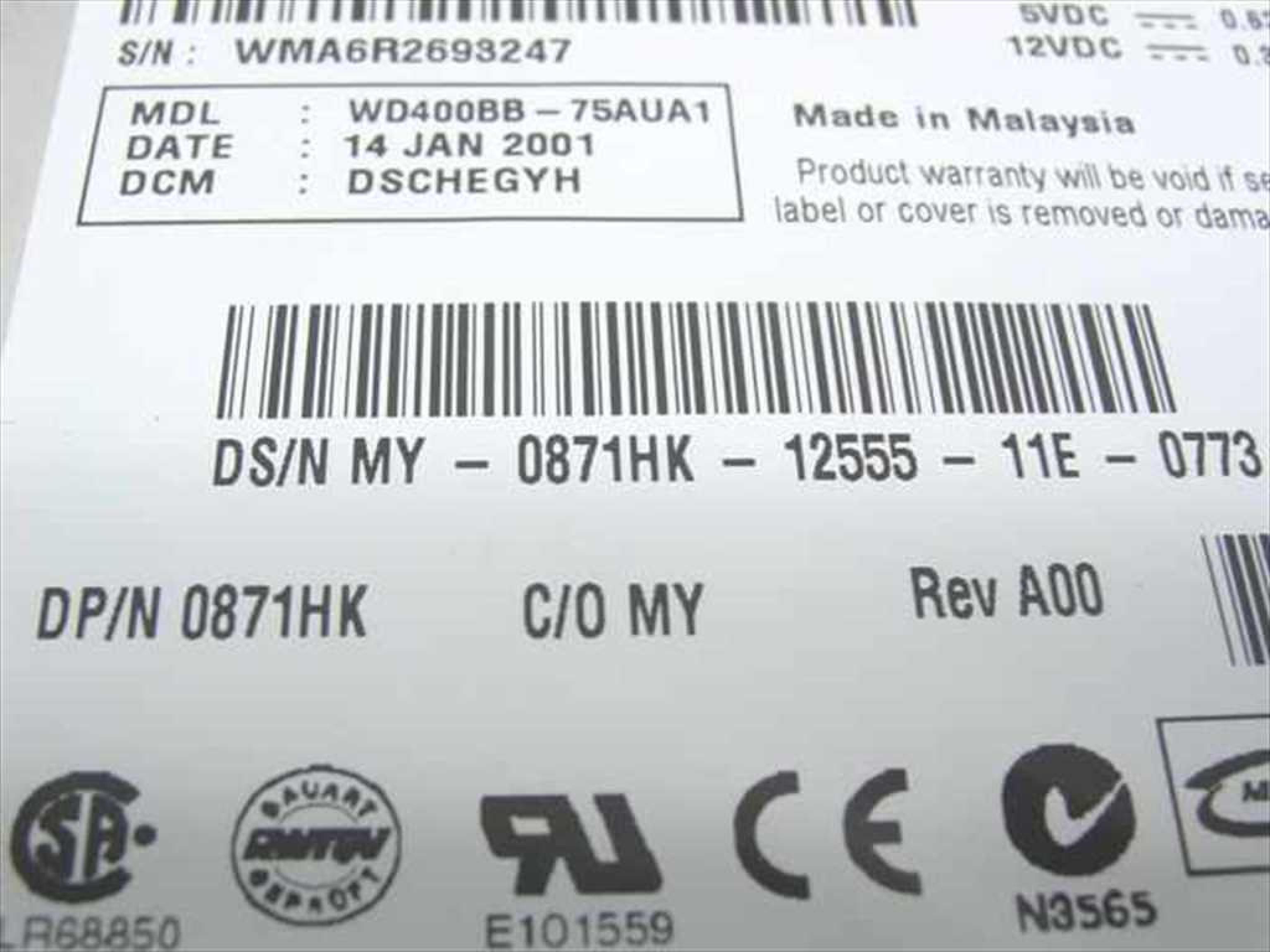 WESTERN DIGITAL / WD 871HK 40GB IDE HD LBA 78165360 DATE 11 MAY 2001 DCM DRBAEGHB APR DRBHEGHH