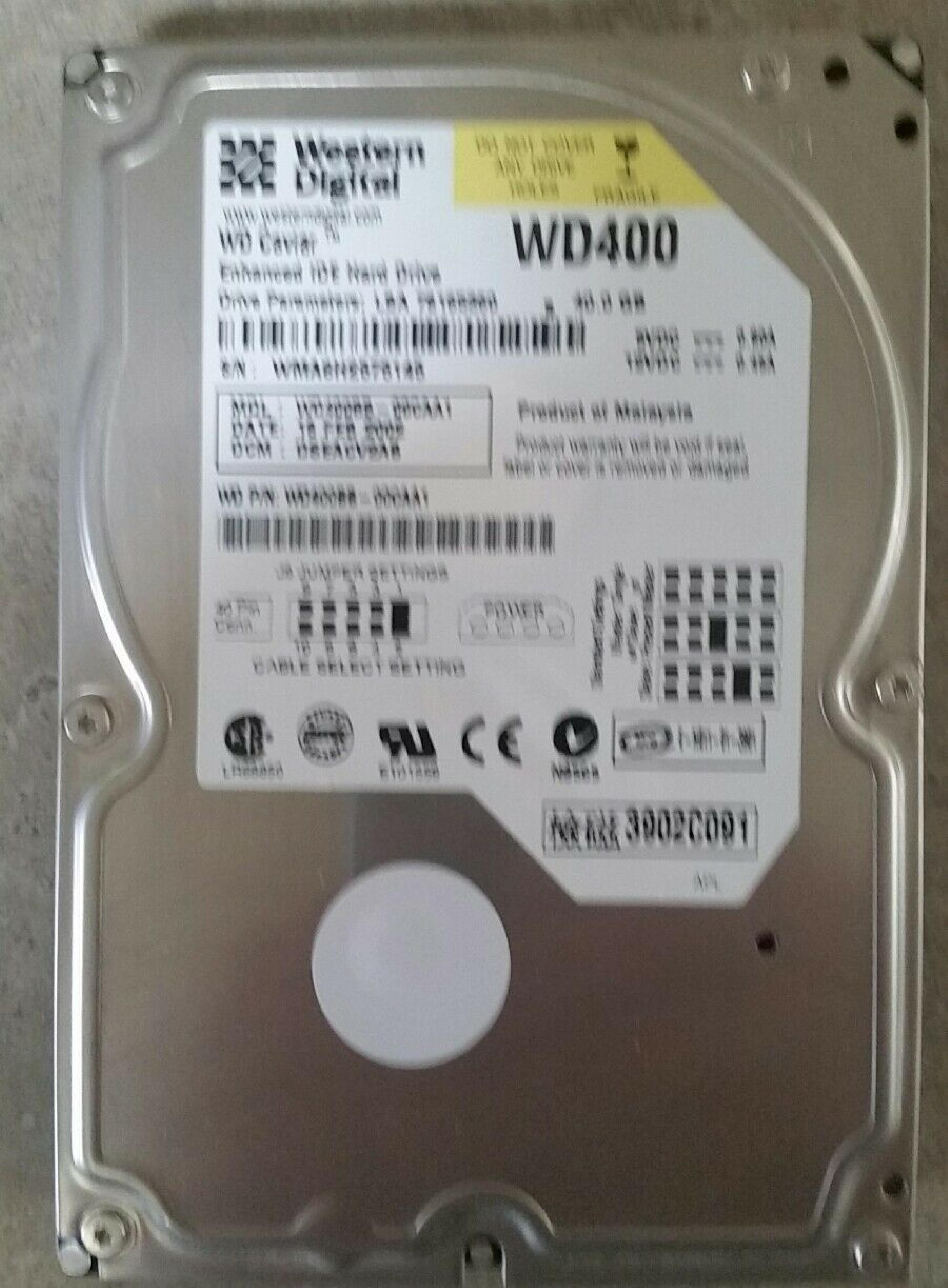 WESTERN DIGITAL / WD WD400BB-00CAA1 40GB IDE HD LBA 78165360 DATE 17 NOV 2002 DCM HSEHNA2AH 19 FEB DSEHNA2AA CAVIAR