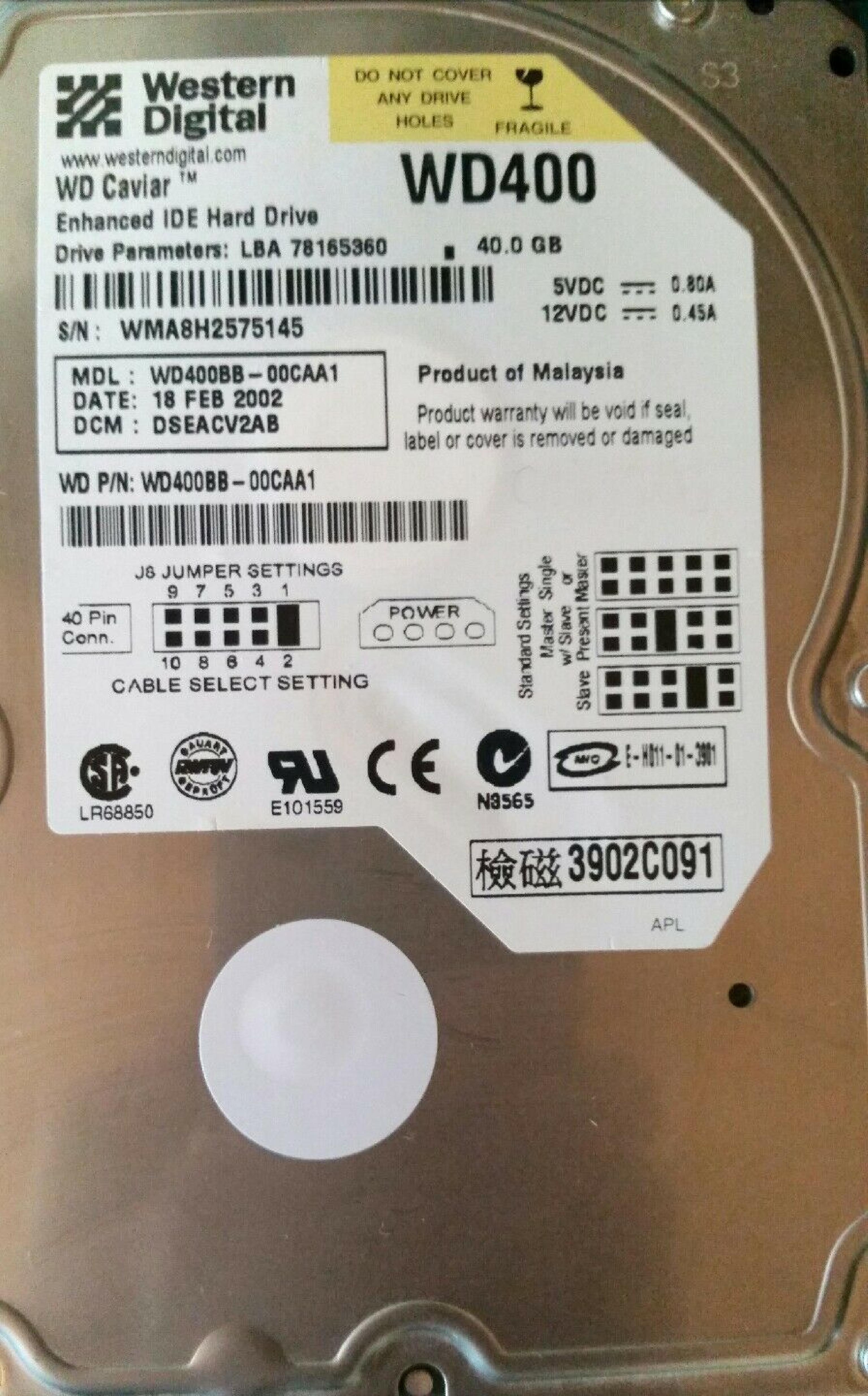 WESTERN DIGITAL / WD WD400BB-00CAA1 40GB IDE HD LBA 78165360 DATE 17 NOV 2002 DCM HSEHNA2AH 19 FEB DSEHNA2AA CAVIAR