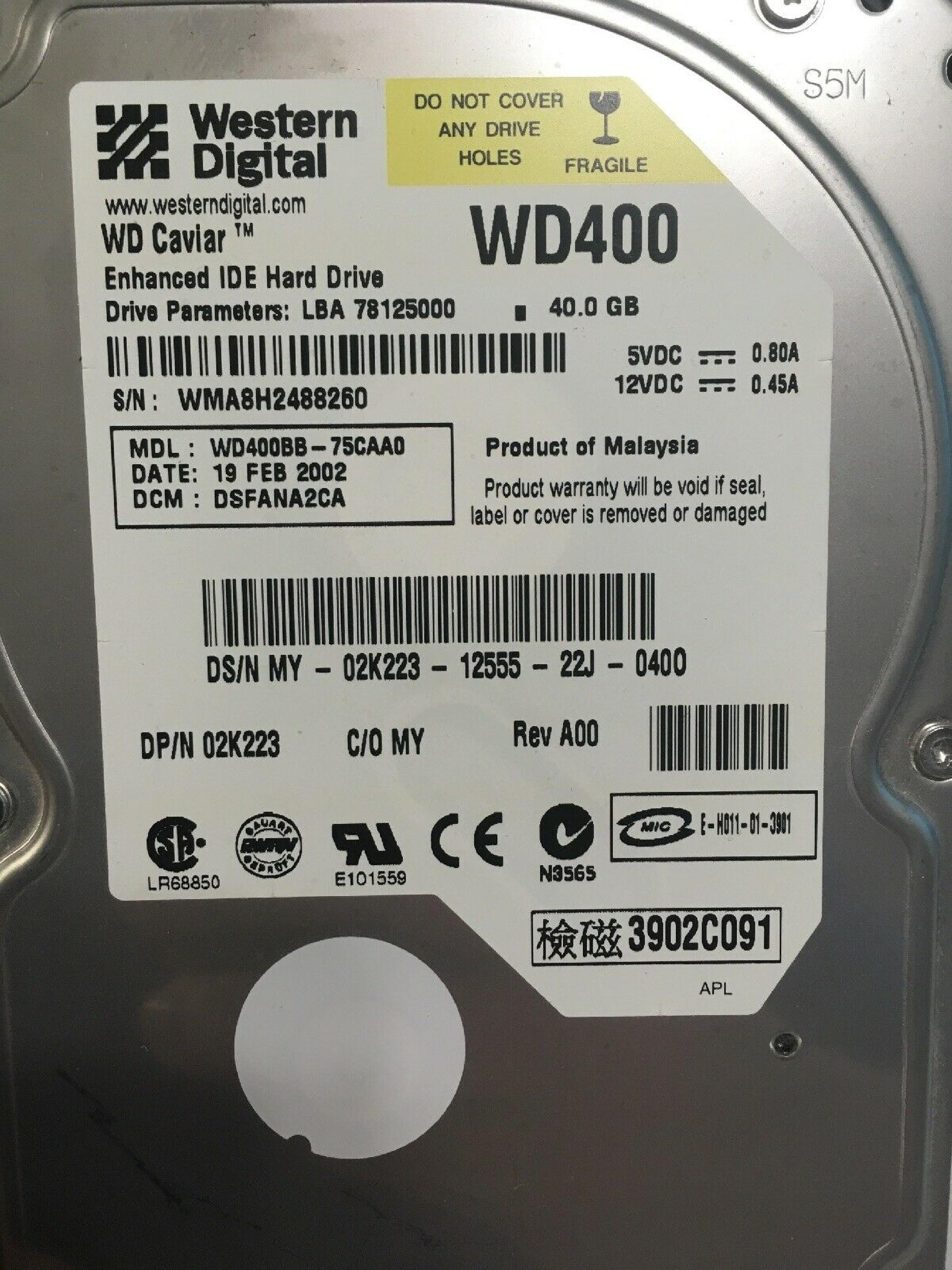 WESTERN DIGITAL / WD WD400BB-75CAA0 40GB IDE HD LBA 78165360 DATE 03 MAR 2002 DCM DSEANA2CH 04 DSFANA2CA REV A00 CAVIAR DRIVE 78125000 HSEHNA2CH 20GB 15 FEB