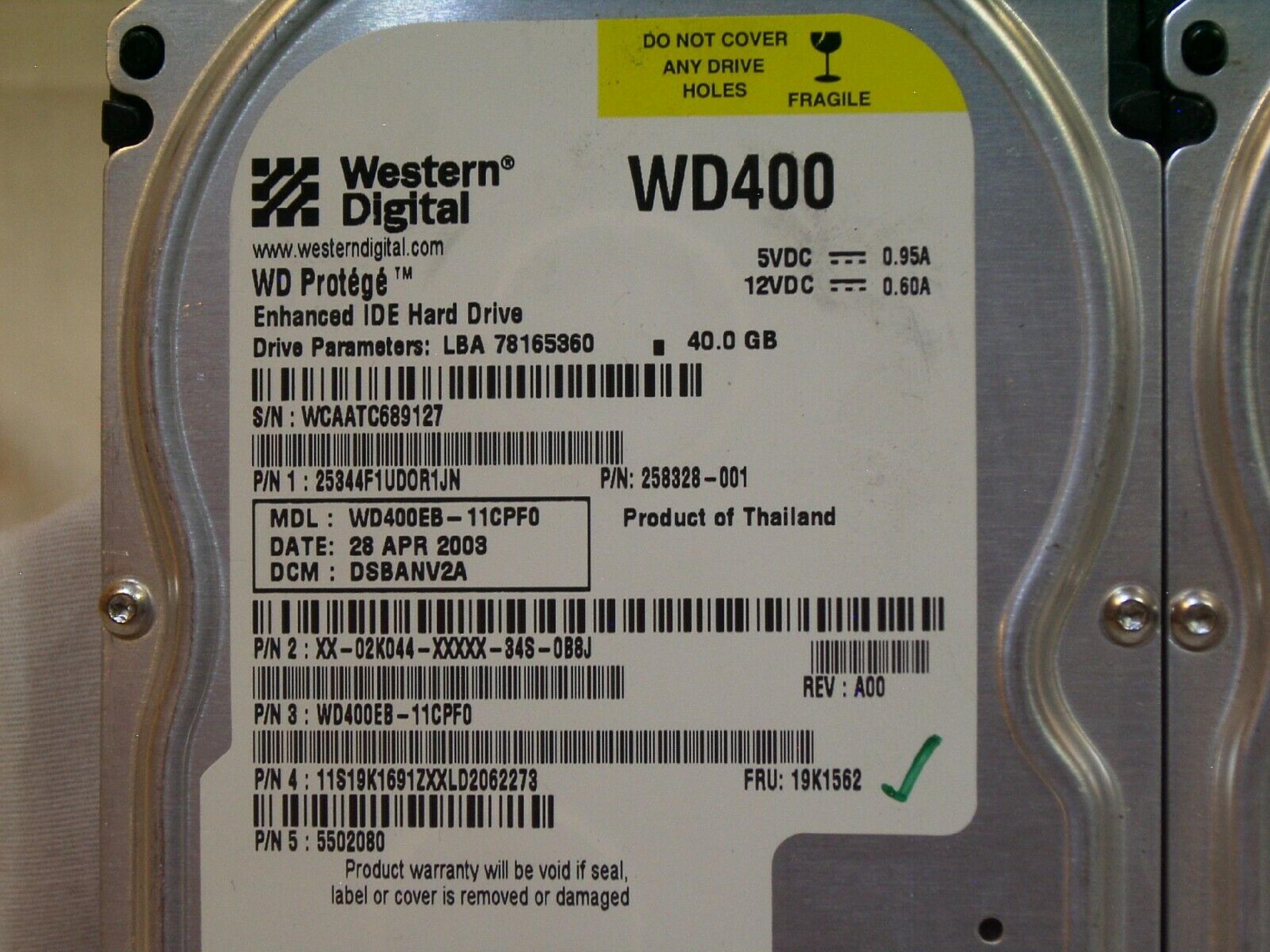 WESTERN DIGITAL / WD WD400EB-11CPF0 40GB IDE HD LBA 78165360 DATE 08 MAY 2003 DCM HSCBNV2C REV A