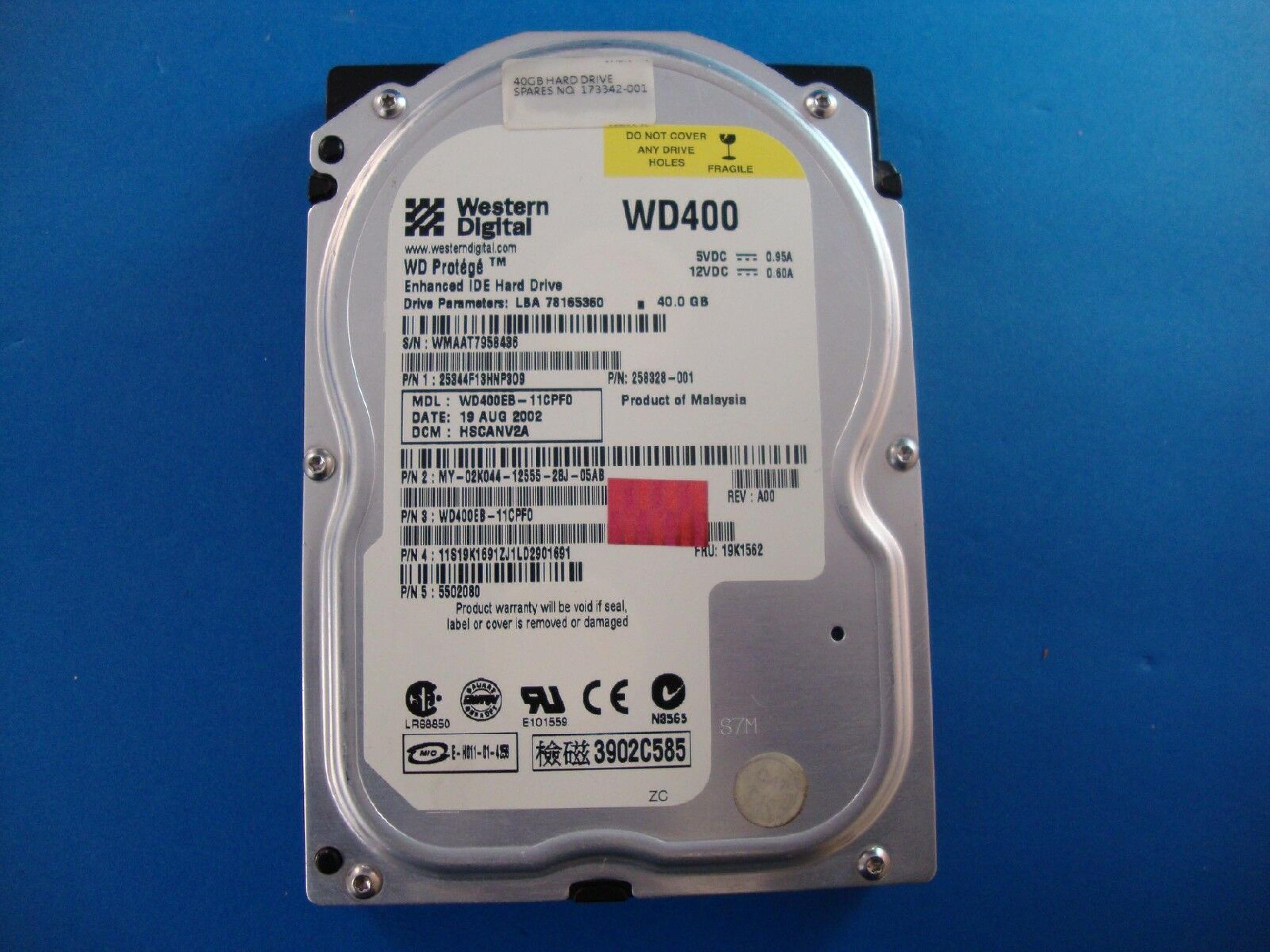 WESTERN DIGITAL / WD 19K1562 40GB IDE HD LBA 78165360 DATE 08 MAY 2003 DCM HSCBNV2C REV A 05 APR 2002 DSBBCV2C A00 PROTEGE