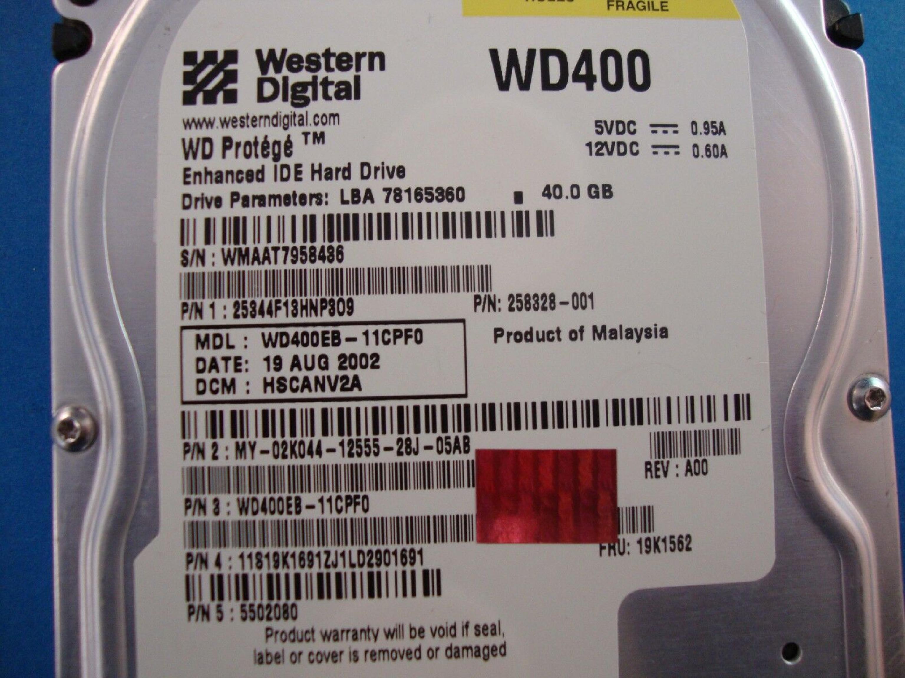 WESTERN DIGITAL / WD 19K1562 40GB IDE HD LBA 78165360 DATE 08 MAY 2003 DCM HSCBNV2C REV A 05 APR 2002 DSBBCV2C A00 PROTEGE