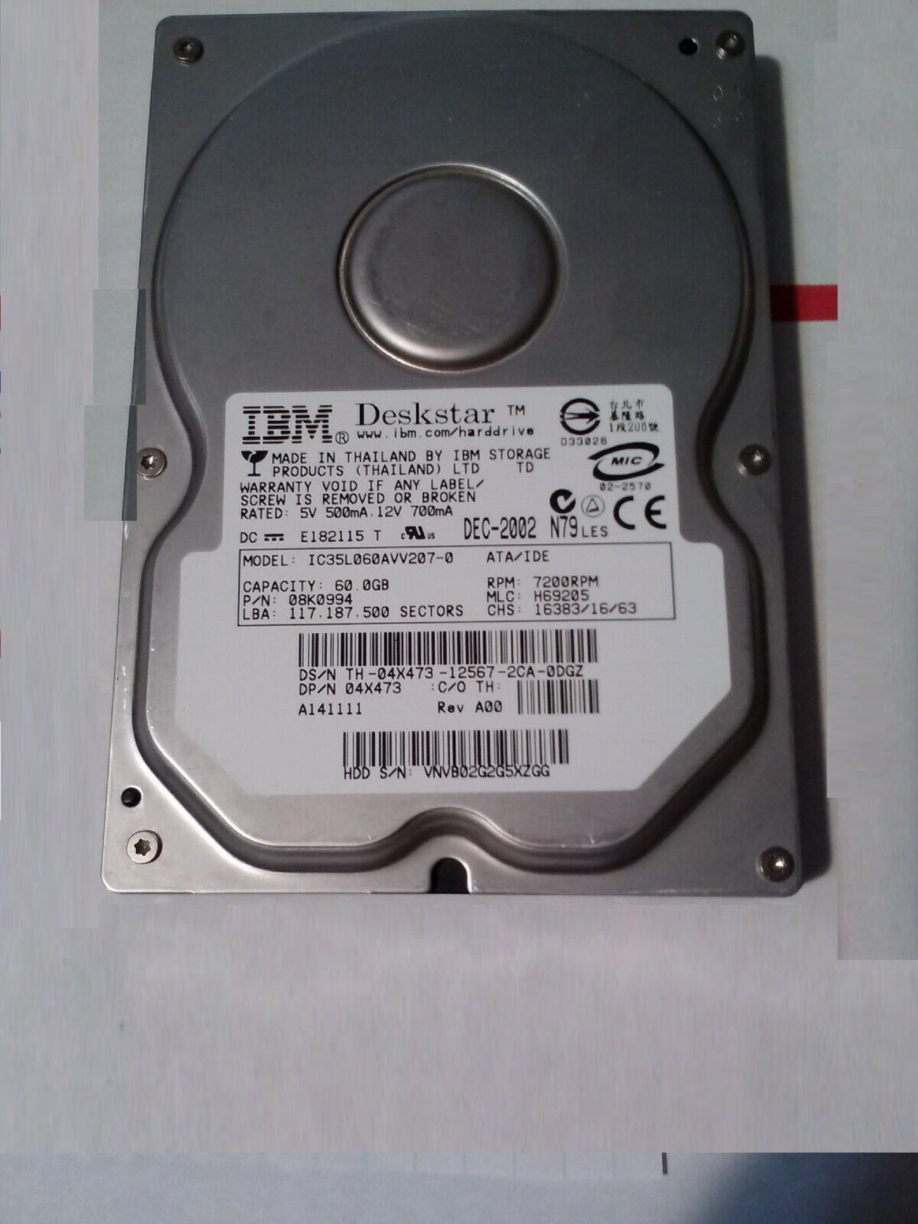 WESTERN DIGITAL / HITACHI / IBM / WD IC35L060AVV207-0 40GB IDE HD LBA 78.125.000 MLC H69404 DATE OCT-2003 FEB-2004 60GB 117.187.500 MAY-2003 REV A00 03-APR-03 H6904 DESKSTAR JUN-2003 27-APR-03 61.4GB 3.5INCH MLC:H69404 APR-2003 41.1GB 7200RPM