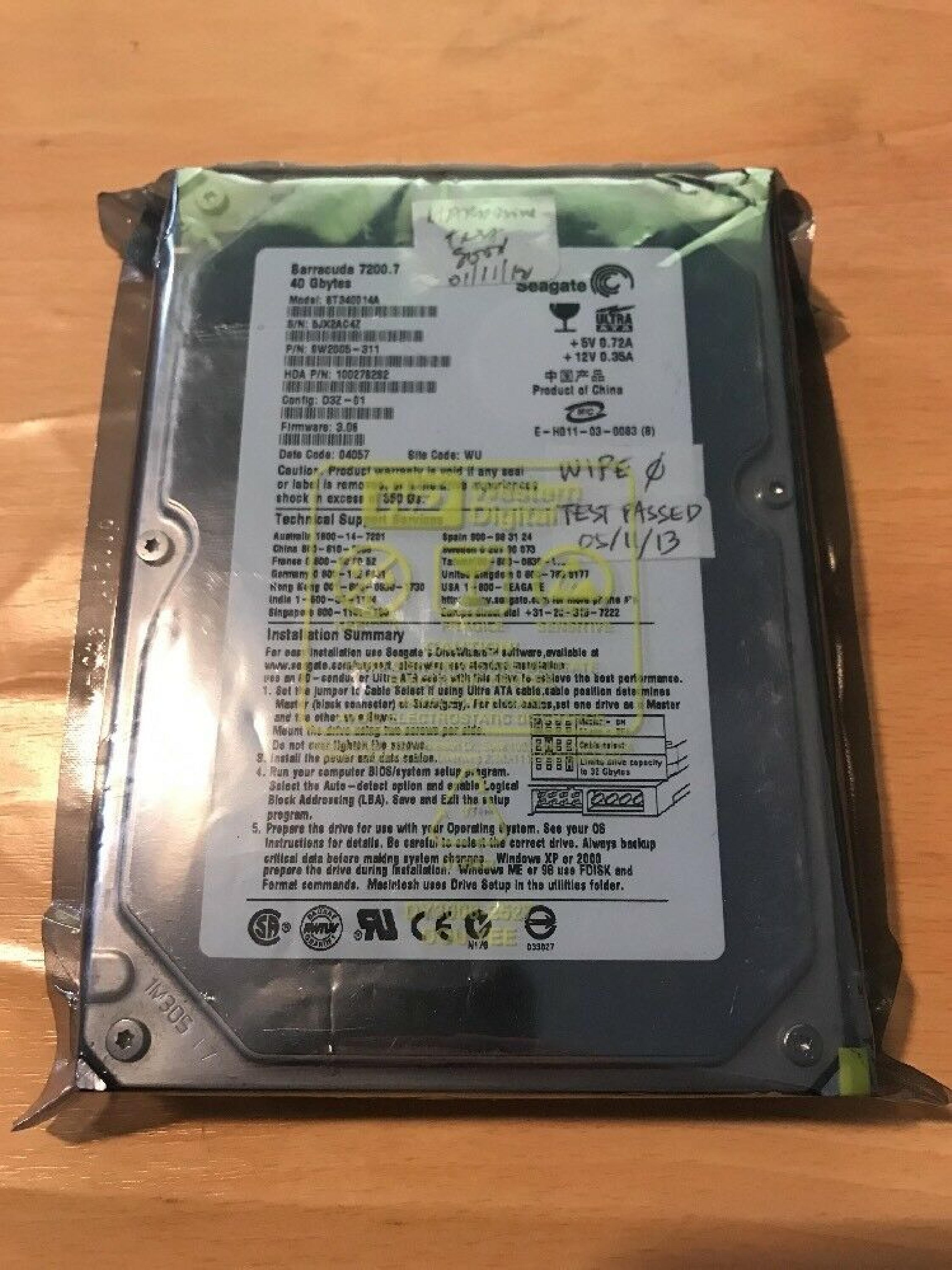 SEAGATE 100278282 40GB IDE HD CONFIG: D1K-02 FIRMWARE: 3.06 DATE CODE: 04337 SITE WU CONFIG FIRMWARE CODE 04324 04323 BARRACUDA