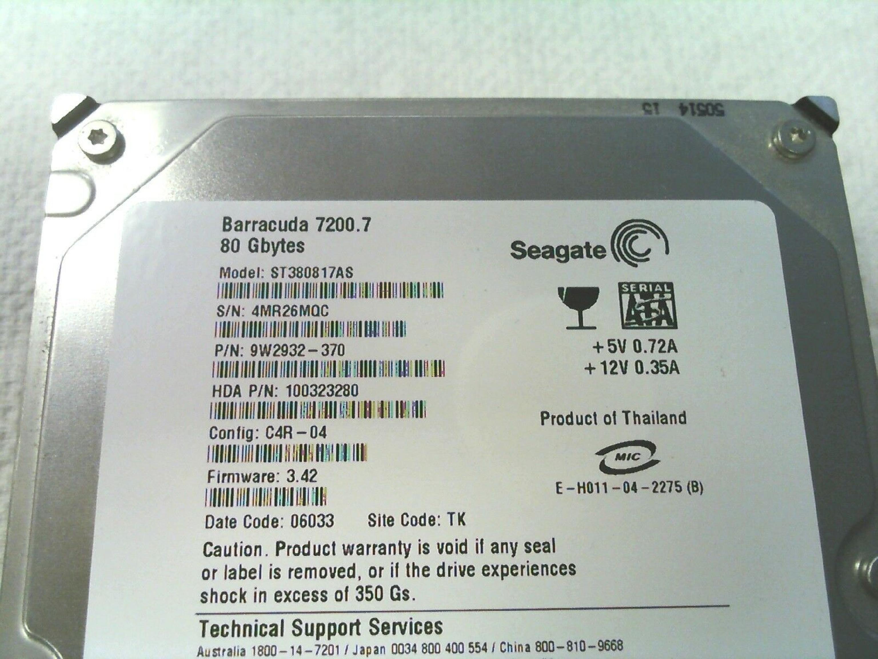 SEAGATE 100323280 40GB IDE HD CONFIG: D4F-02 FIRMWARE: 8.54 DATE CODE: 05426 SITE CODE: WU