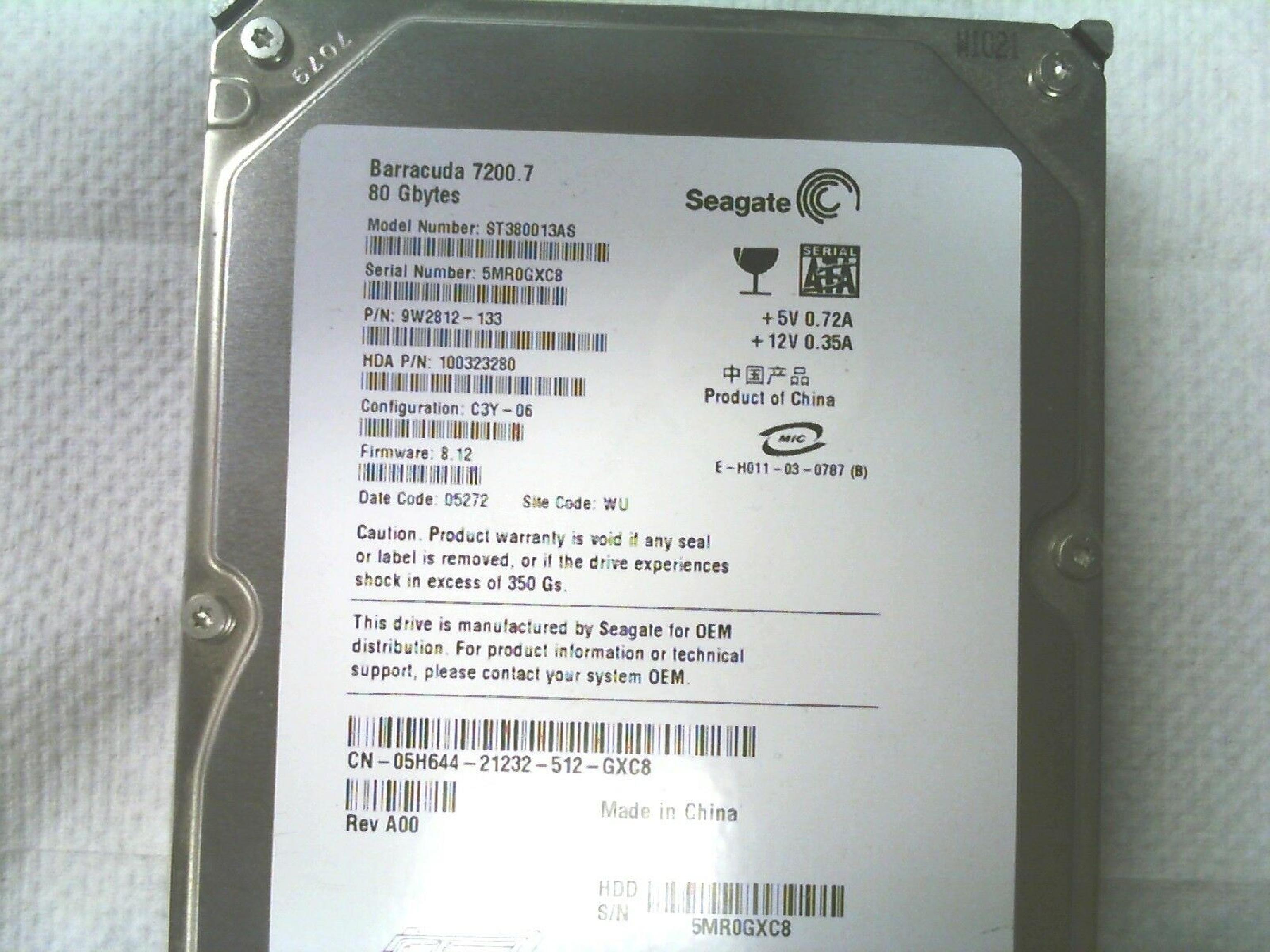 SEAGATE 100323280 40GB IDE HD CONFIG: D4F-02 FIRMWARE: 8.54 DATE CODE: 05426 SITE CODE: WU