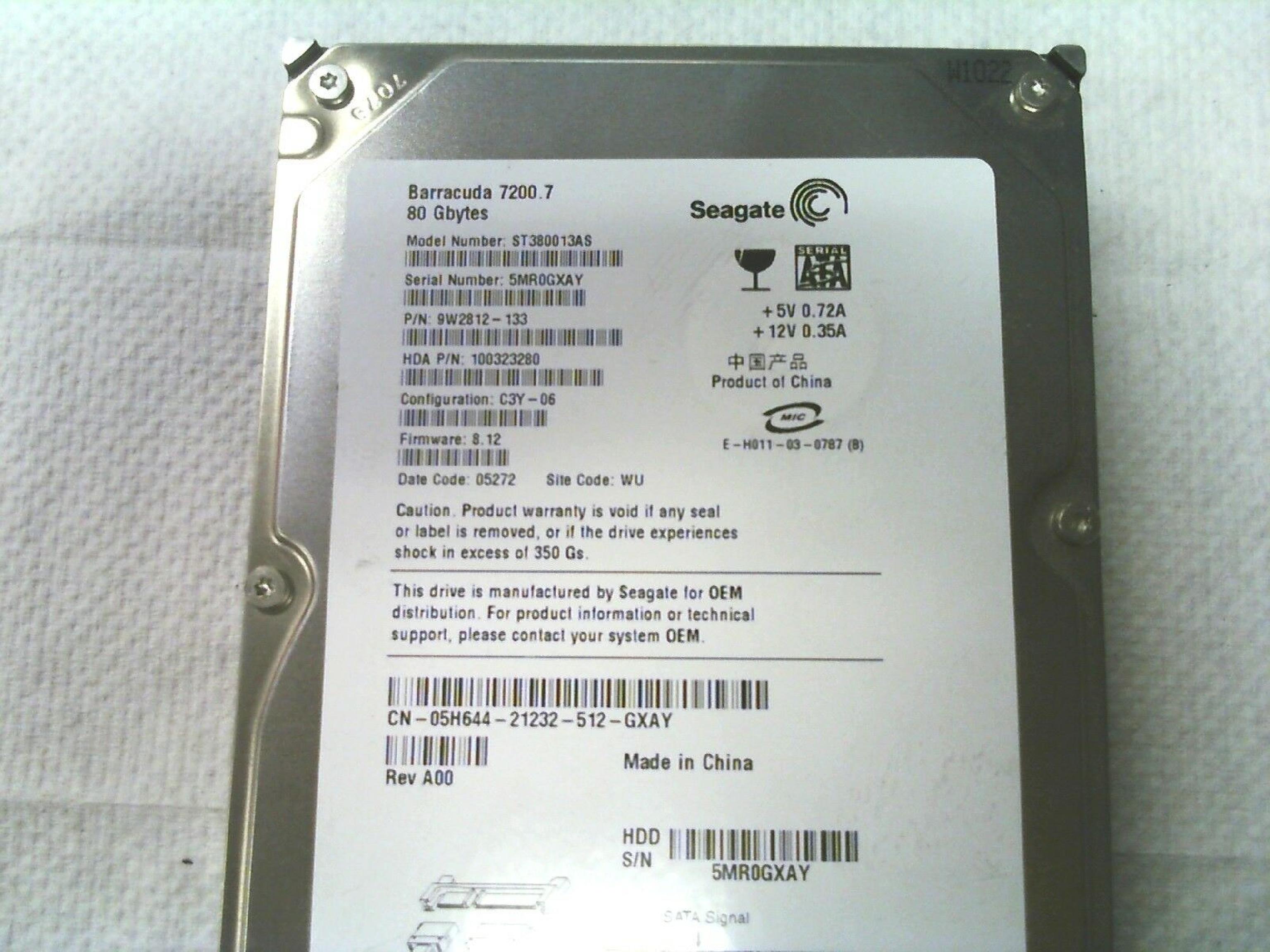 SEAGATE 100323280 40GB IDE HD CONFIG: D4F-02 FIRMWARE: 8.54 DATE CODE: 05426 SITE CODE: WU