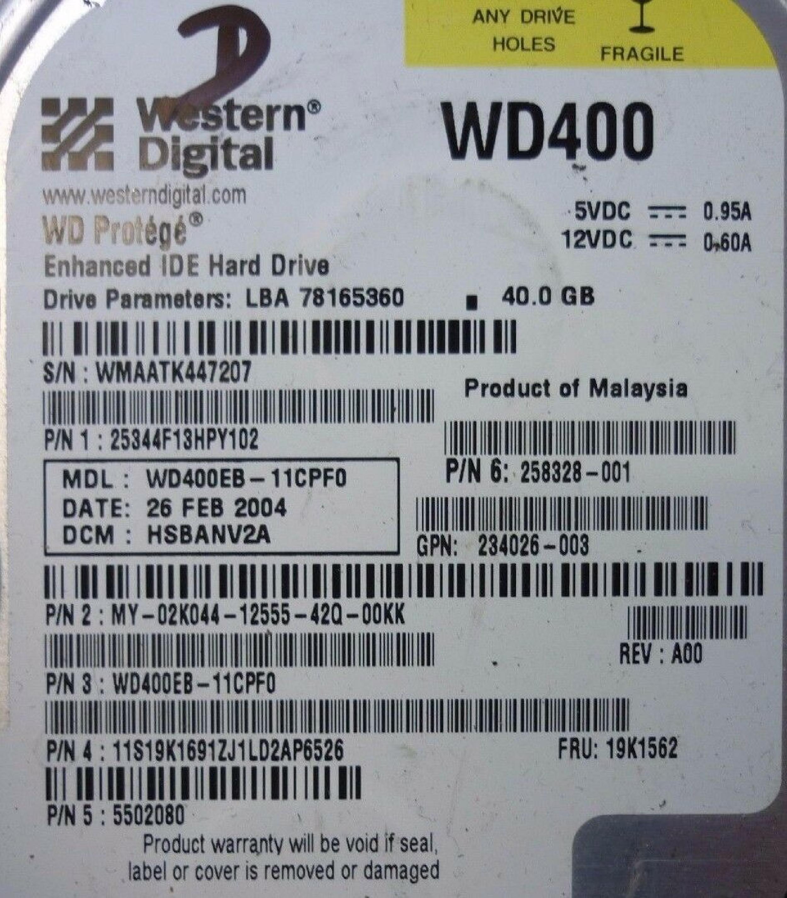 WESTERN DIGITAL / WD 258328-001 40GB IDE HD LBA 78165360 DATE 05 APR 2002 DCM DSBBCV2C REV A00 PROTEGE