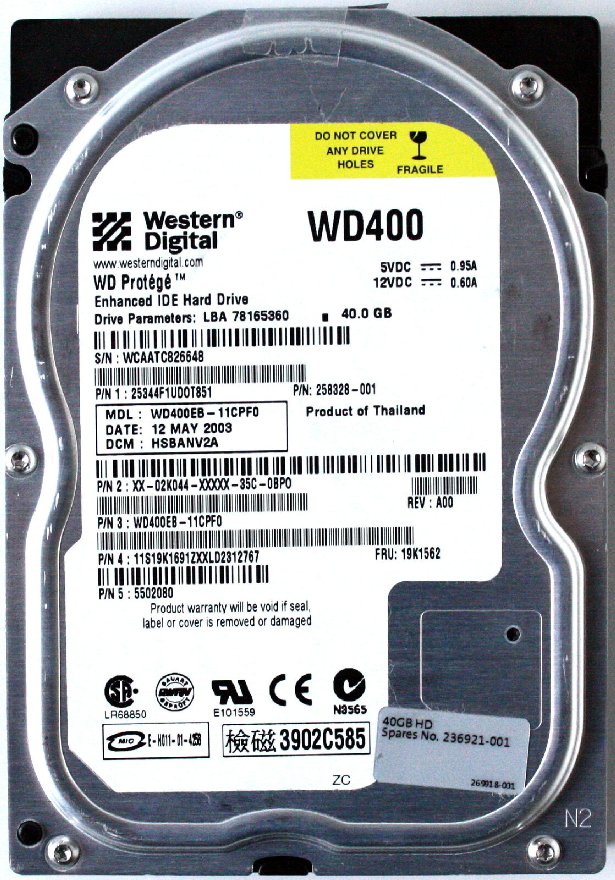 WESTERN DIGITAL / WD 258328-001 40GB IDE HD LBA 78165360 DATE 05 APR 2002 DCM DSBBCV2C REV A00 PROTEGE