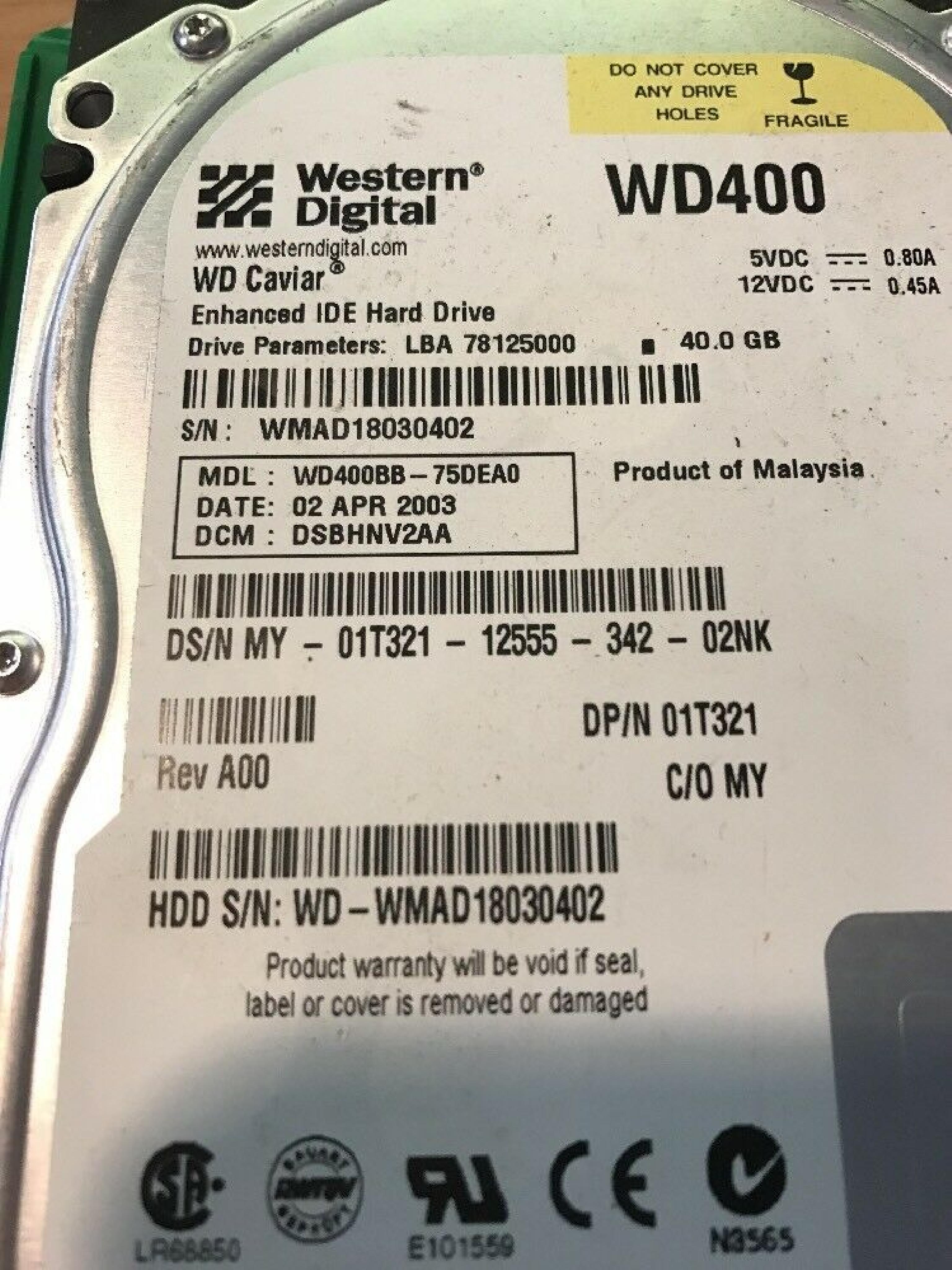 WESTERN DIGITAL / WD WD400BB-75DEA0 40GB IDE HD LBA 78125000 DATE 29 MAR 2004 DCM HSBANA2CH REV A00 CAVIAR 20 JAN 2003 HSBHNA2AH 30 OCT HSBHNV2AH 05 2005 HSBHNA2CH