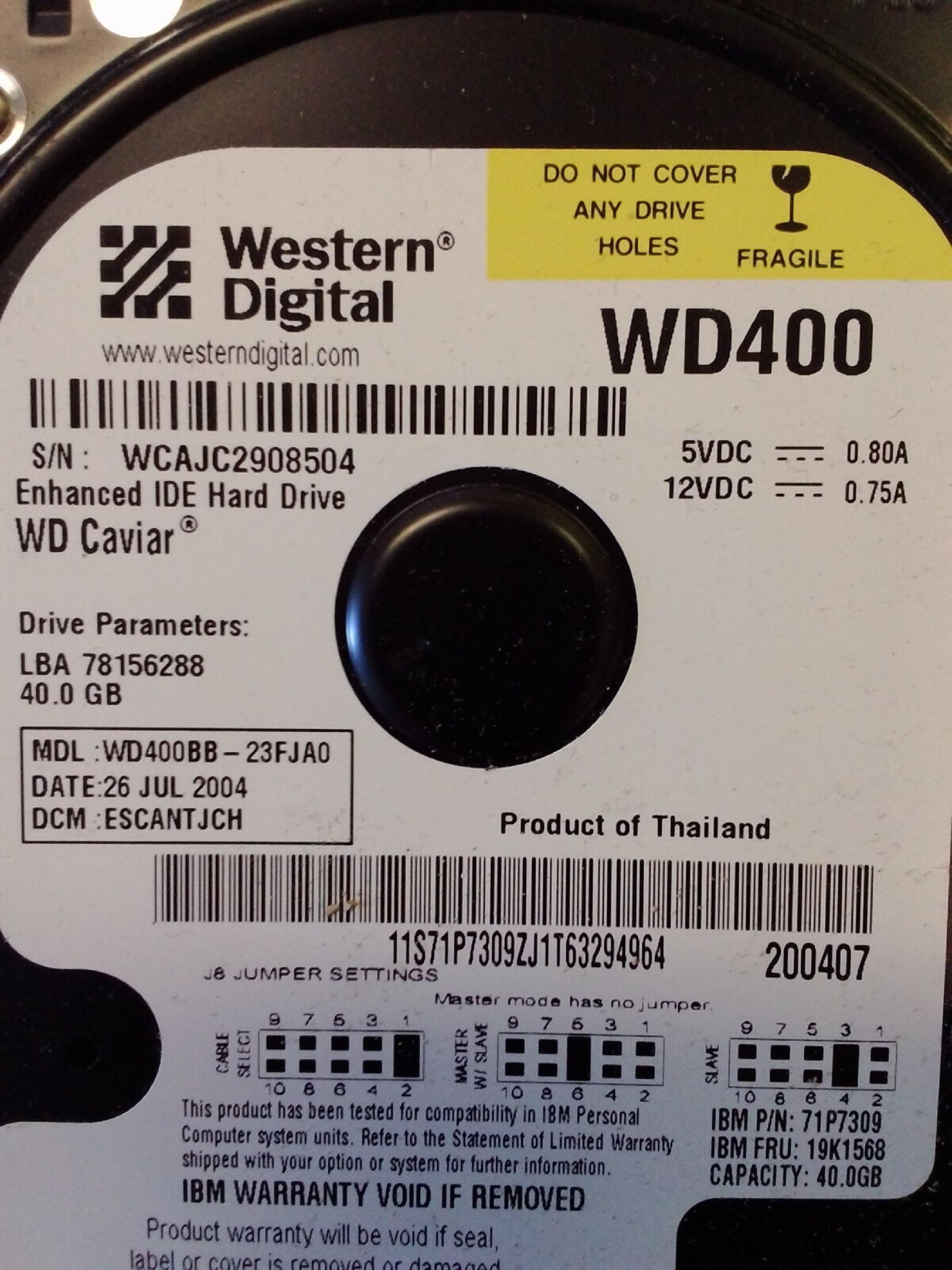 WESTERN DIGITAL / WD WD400BB-23FJA0 40GB IDE HD LBA 78156288 DATE 02 SEP 2004 DCM DSBHCTJAH CAVIAR