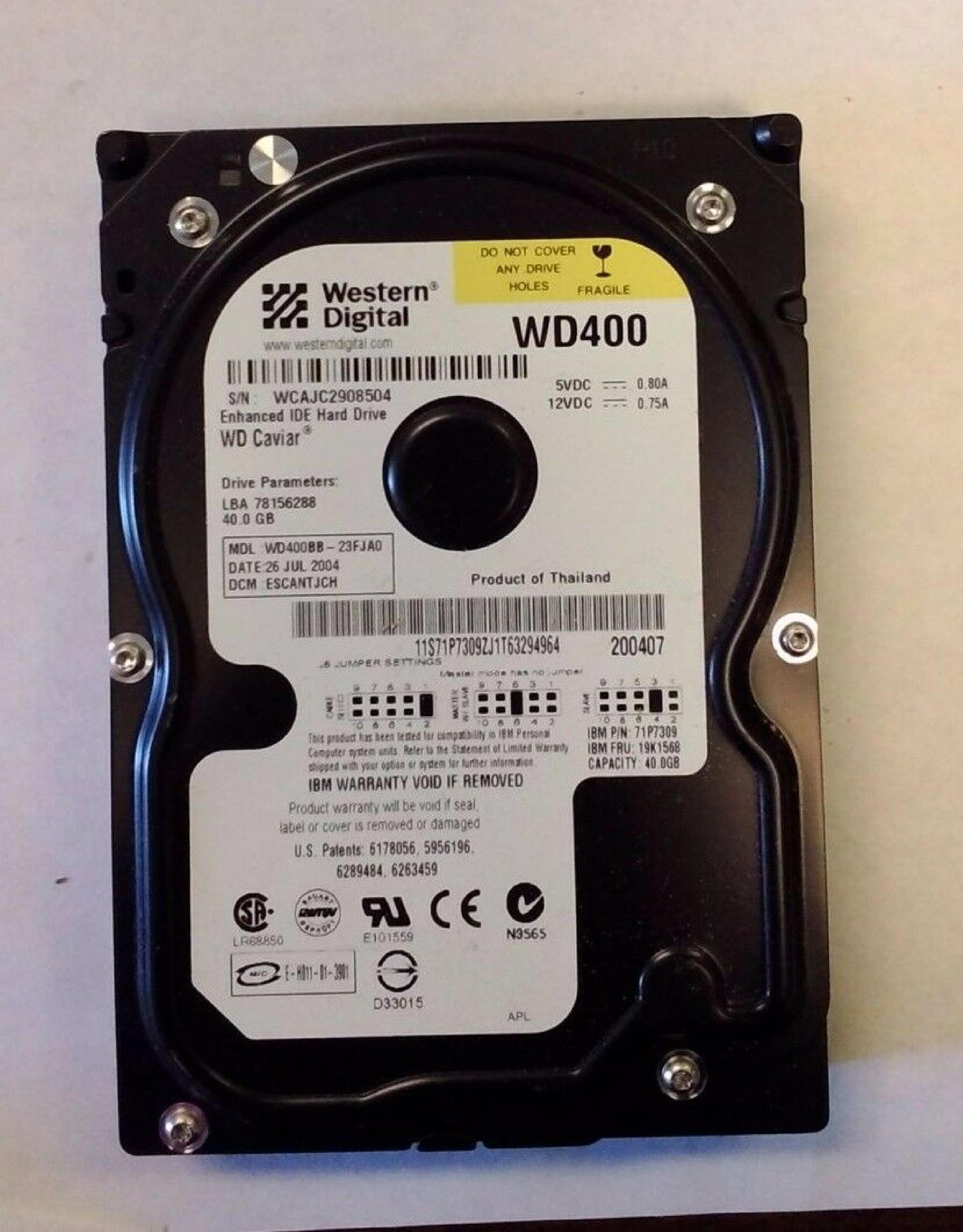 WESTERN DIGITAL / WD WD400BB-23FJA0 40GB IDE HD LBA 78156288 DATE 02 SEP 2004 DCM DSBHCTJAH CAVIAR