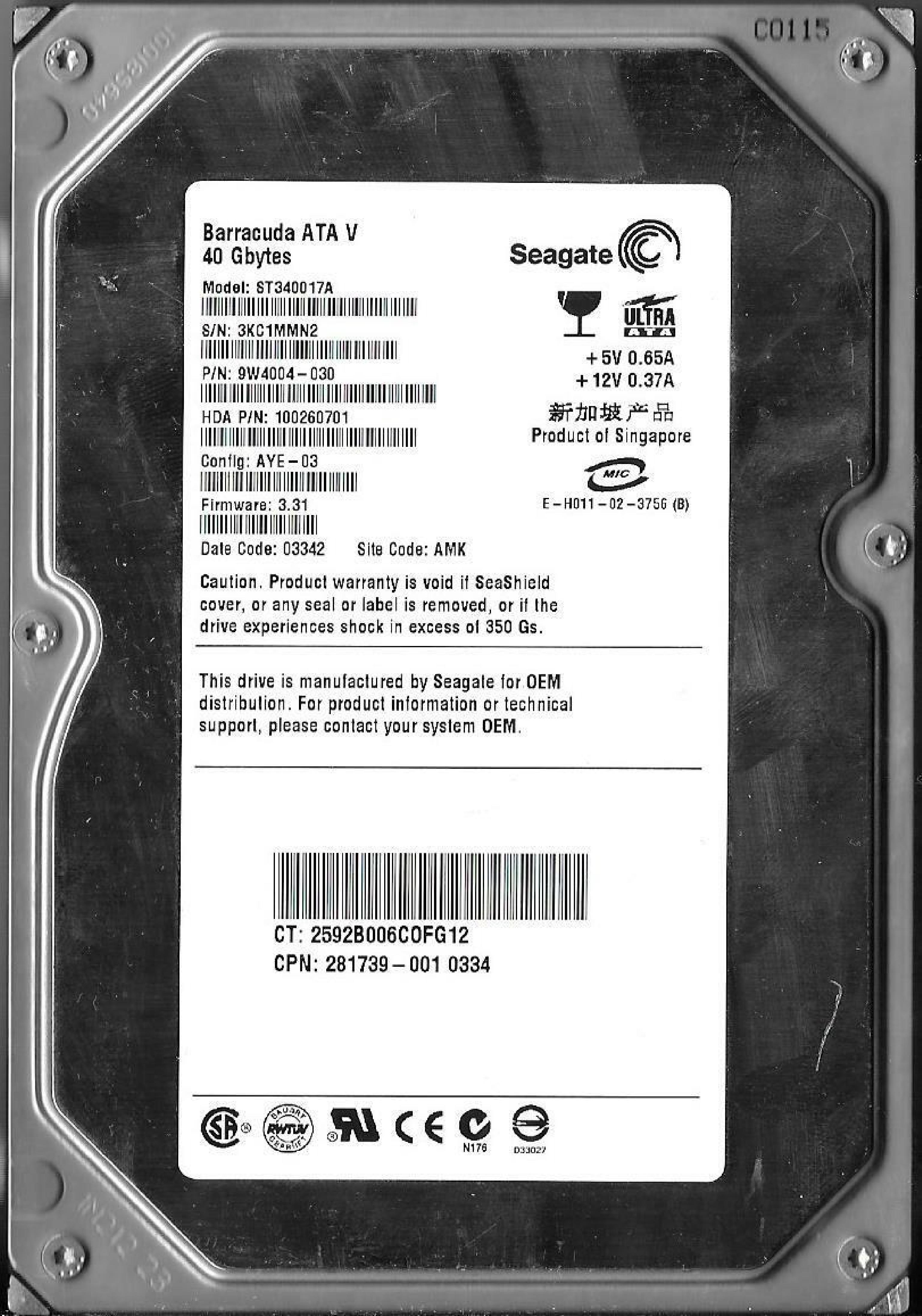 SEAGATE ST340017A 40GB IDE HD CONFIG AYE-03 FIRMWARE 3.31 DATE CODE 03454 SITE AMK 03403 03404 03407 03414 WU 03447 03446 03324 BARRACUDA 03451 03457 03471