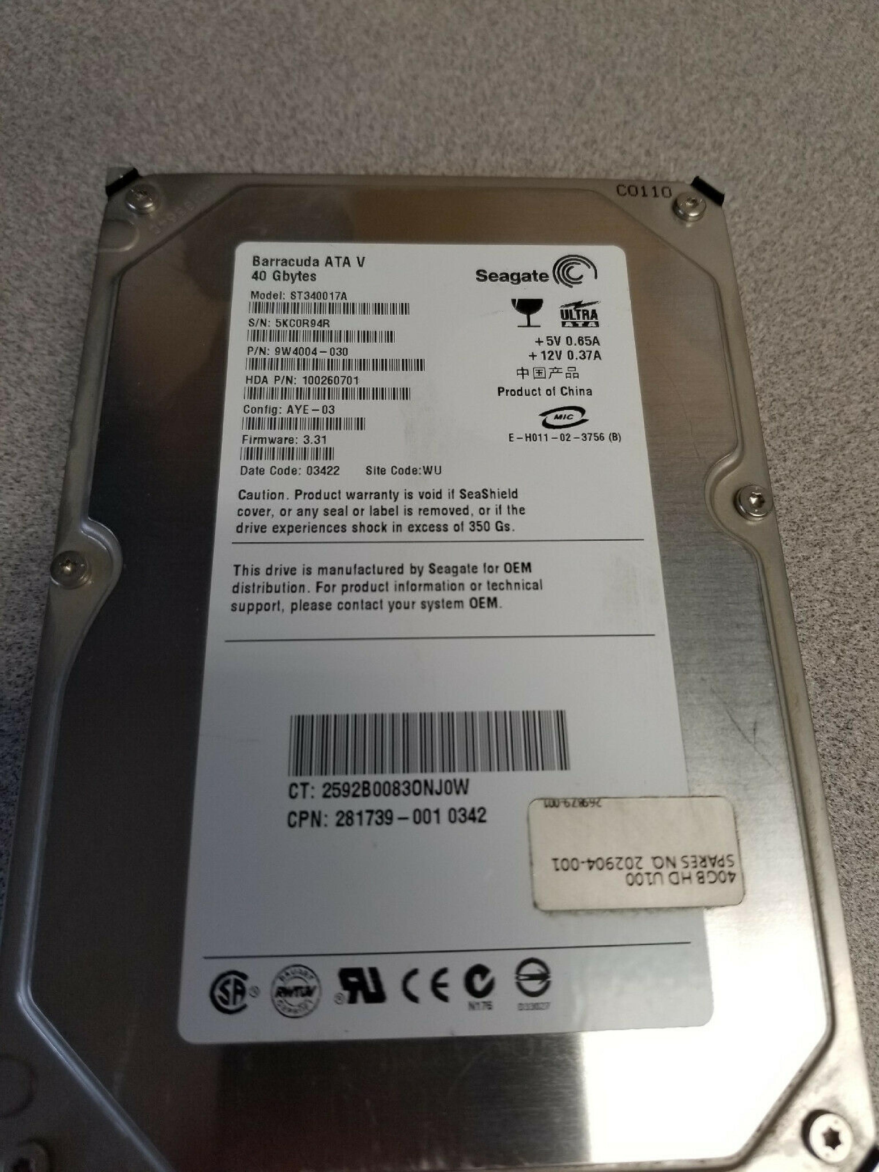 SEAGATE ST340017A 40GB IDE HD CONFIG AYE-03 FIRMWARE 3.31 DATE CODE 03454 SITE AMK 03403 03404 03407 03414 WU 03447 03446 03324 BARRACUDA 03451 03457 03471