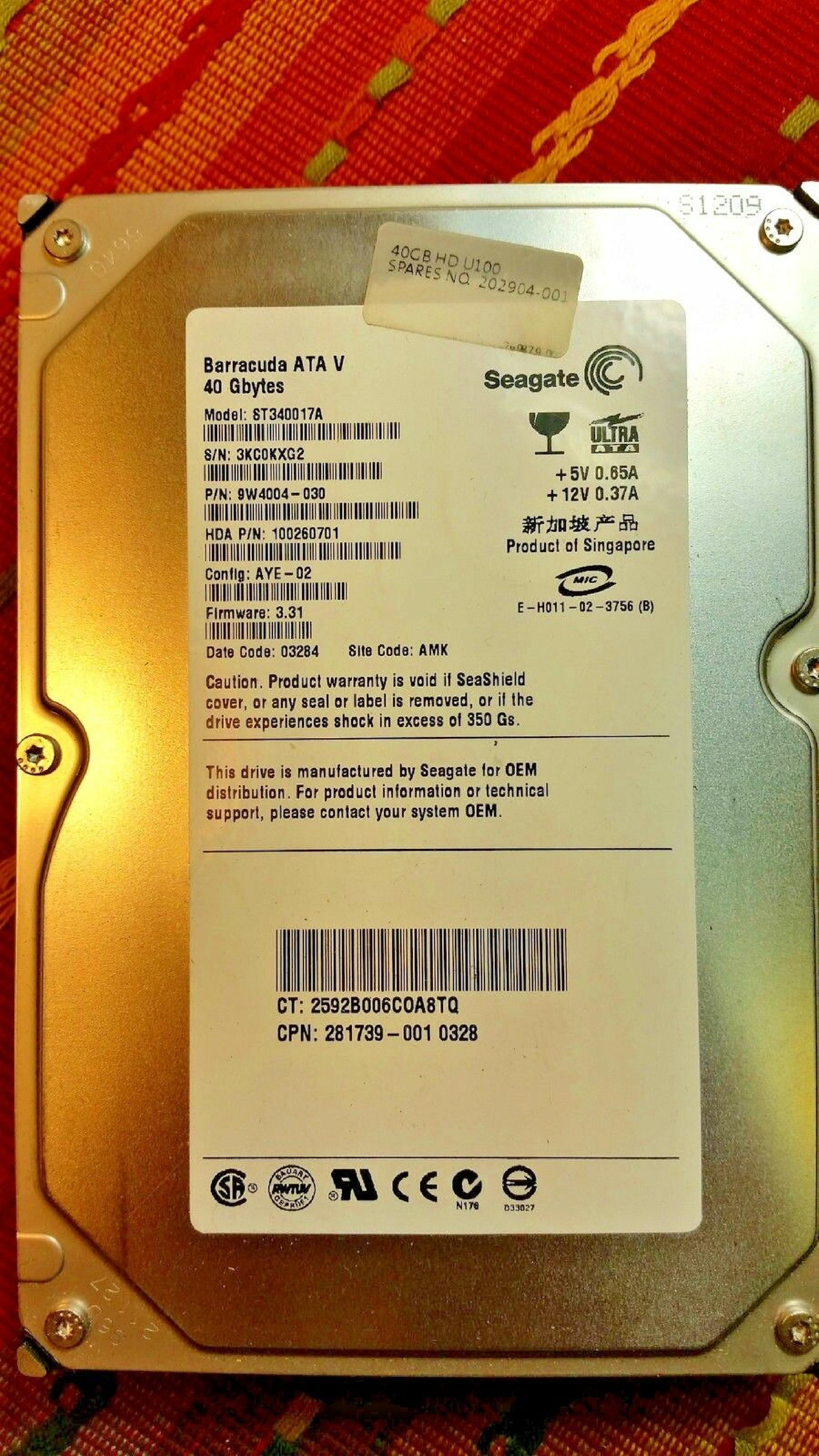 SEAGATE ST340017A 40GB IDE HD CONFIG AYE-03 FIRMWARE 3.31 DATE CODE 03454 SITE AMK 03403 03404 03407 03414 WU 03447 03446 03324 BARRACUDA 03451 03457 03471