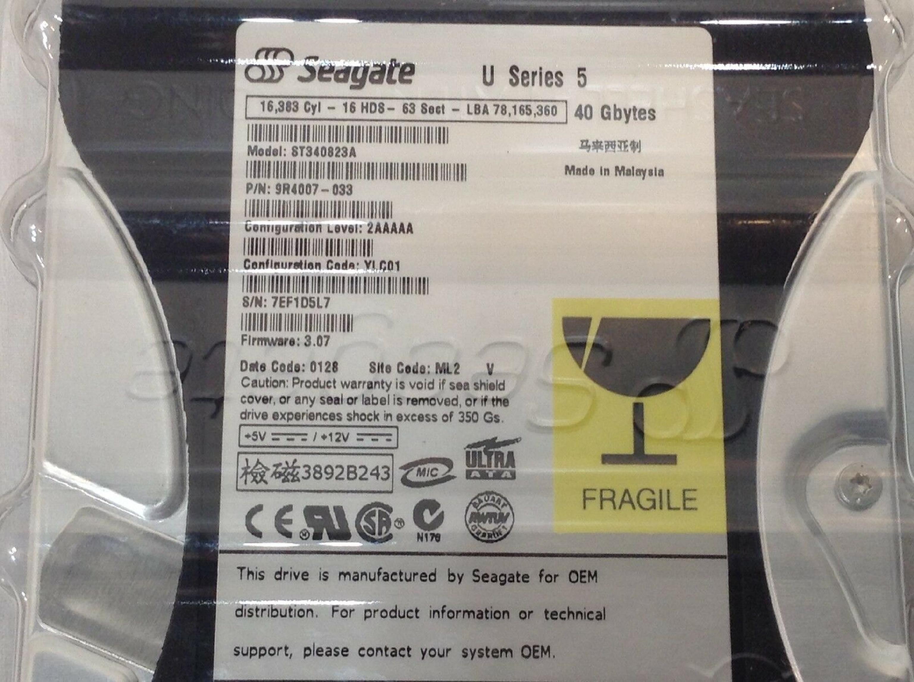 SEAGATE ST340823A 40GB IDE HD CONFIG YQJ03 FIRMWARE 3.39 DATE CODE 0142 SITE SZ