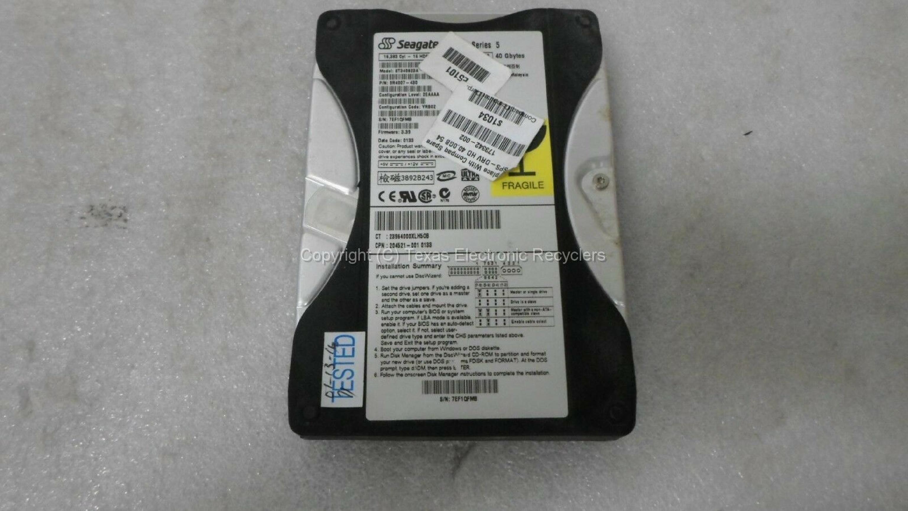 SEAGATE ST340823A 40GB IDE HD CONFIG YQJ03 FIRMWARE 3.39 DATE CODE 0142 SITE SZ