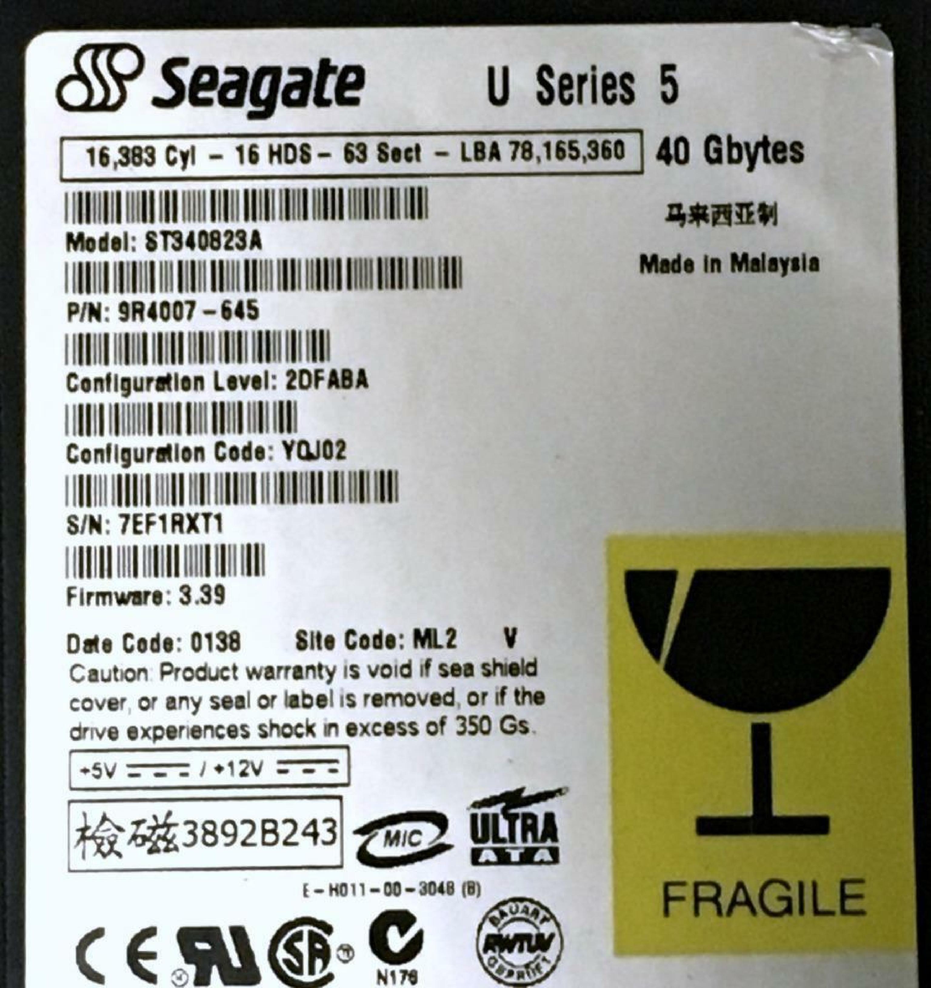 SEAGATE ST340823A 40GB IDE HD CONFIG YQJ03 FIRMWARE 3.39 DATE CODE 0142 SITE SZ