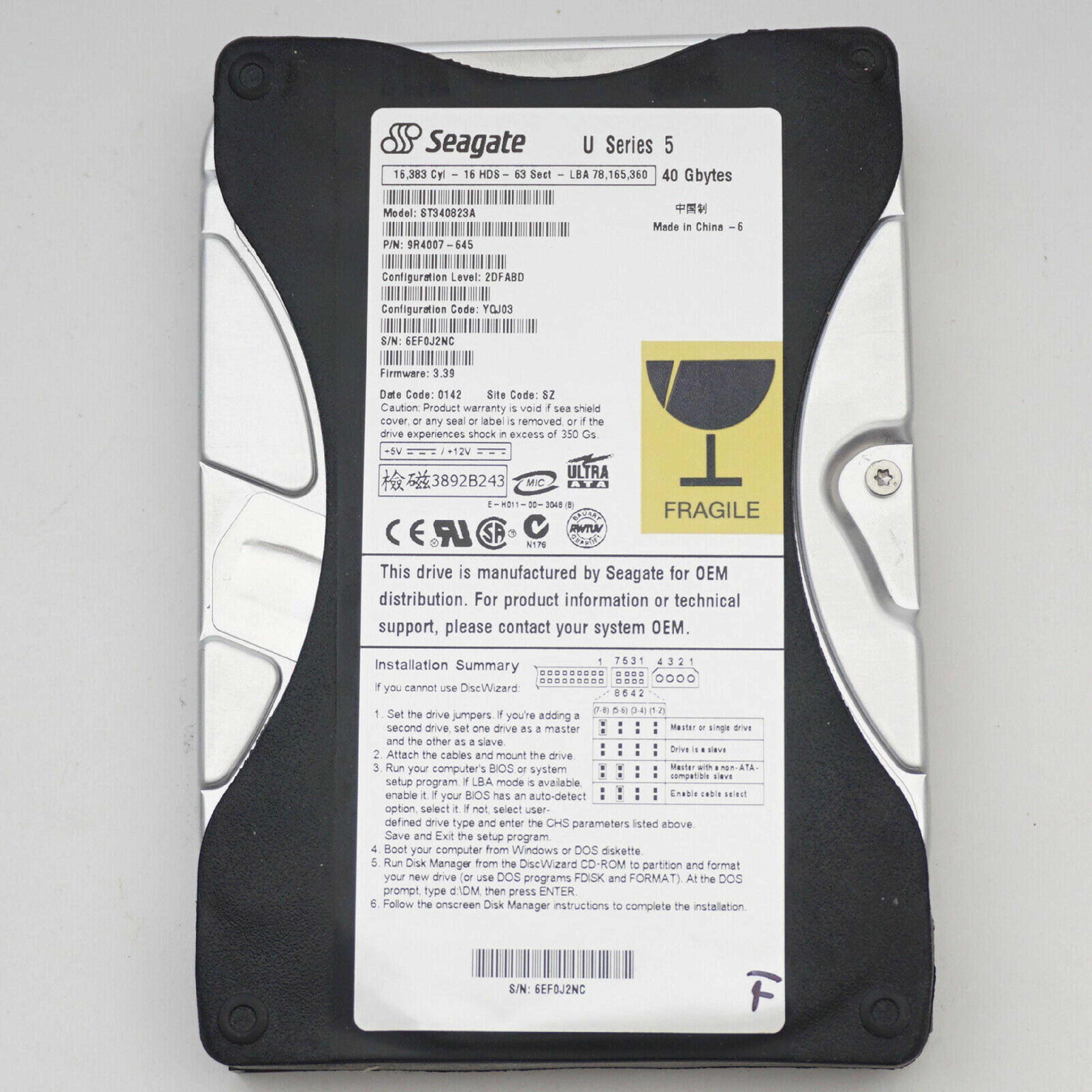 SEAGATE ST340823A 40GB IDE HD CONFIG YQJ03 FIRMWARE 3.39 DATE CODE 0142 SITE SZ