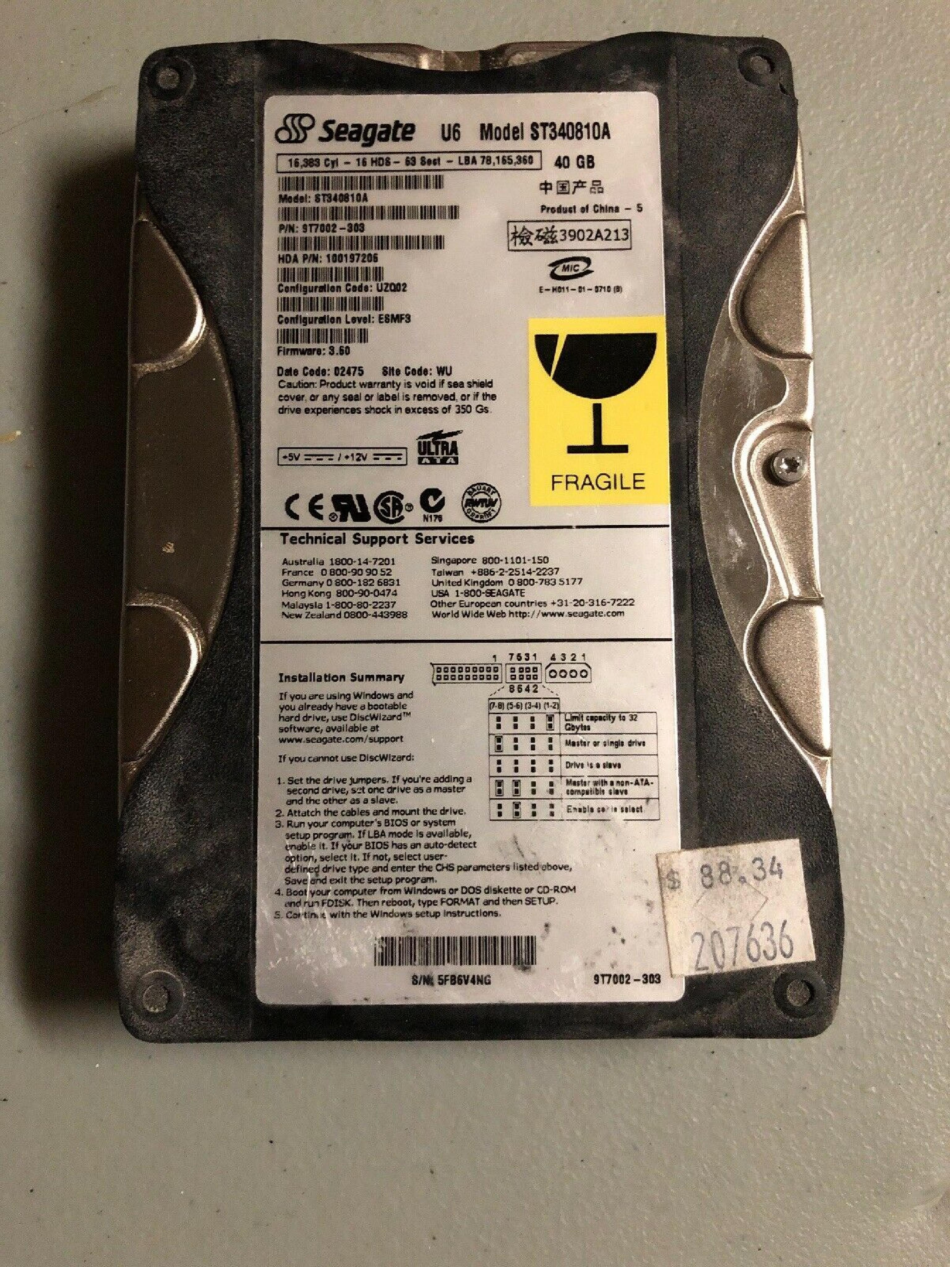 SEAGATE ST340810A 40GB IDE HD CONFIG U2C03 FIRMWARE 3.39 DATE CODE 02403 SITE WU DRIVE U2C02 LEVEL ASWA3 FW 3.35