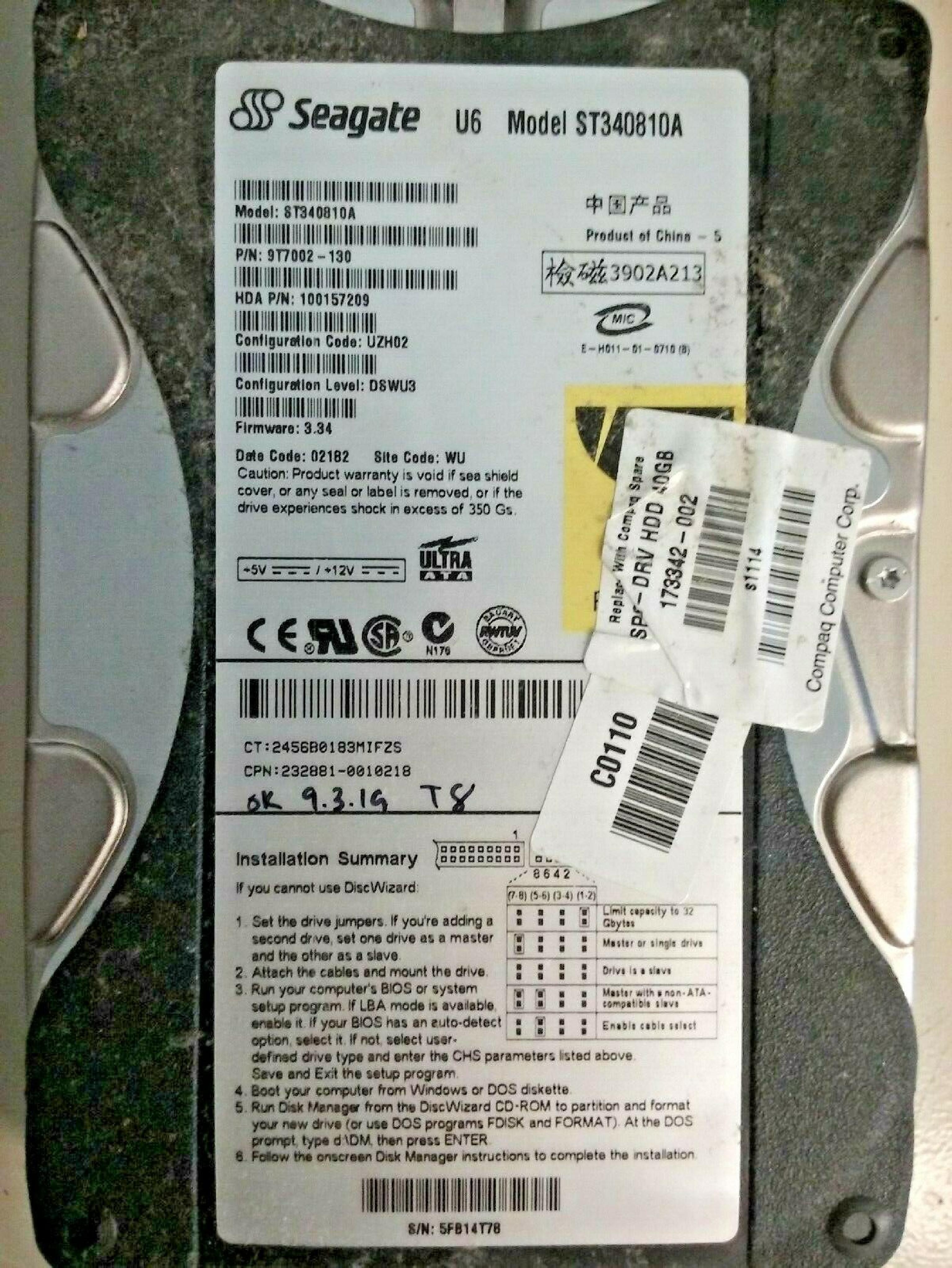 SEAGATE ST340810A 40GB IDE HD CONFIG U2C03 FIRMWARE 3.39 DATE CODE 02403 SITE WU DRIVE U2C02 LEVEL ASWA3 FW 3.35